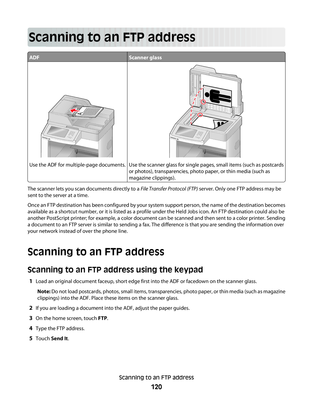 Lexmark X658dfe, 16M1994, 16M1985 manual Scan ning to an FT P a d dress, Scanning to an FTP address using the keypad, 120 