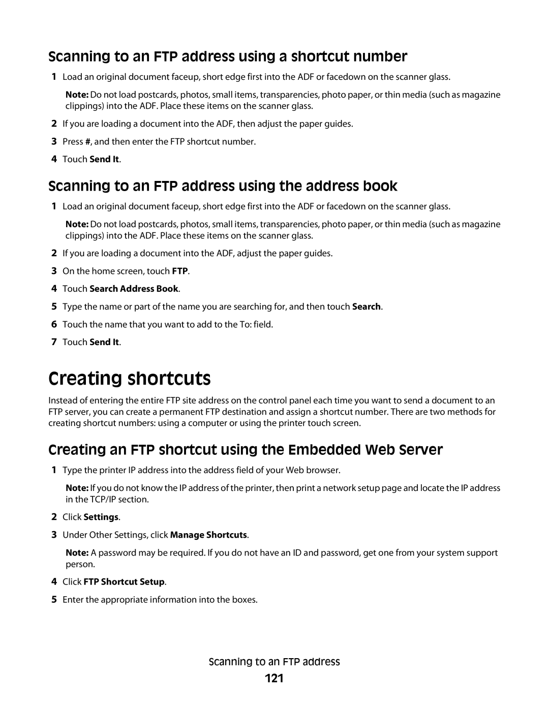 Lexmark X658dme Scanning to an FTP address using a shortcut number, Scanning to an FTP address using the address book, 121 