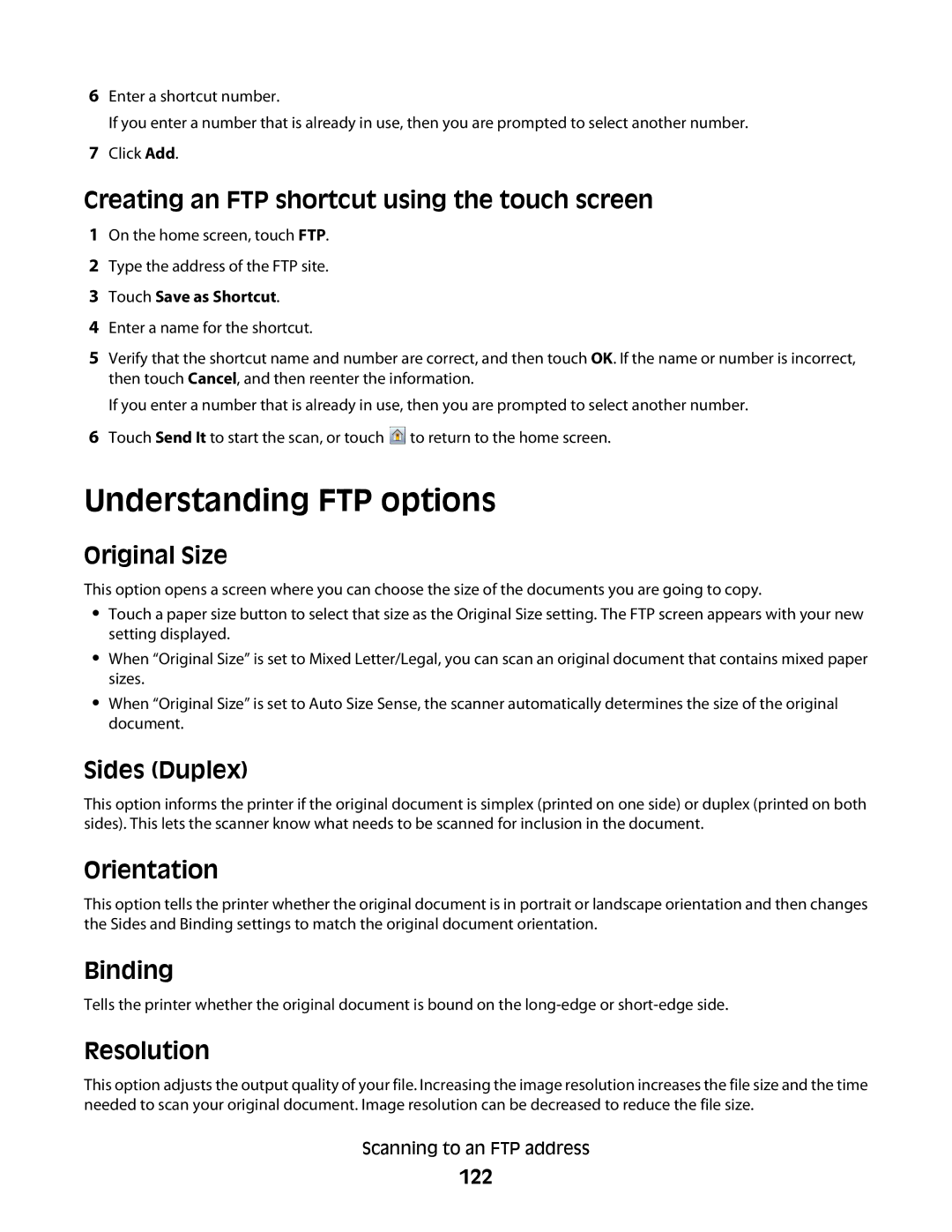 Lexmark X656dte, 16M1994, 16M1985, 90T7250 Understanding FTP options, Creating an FTP shortcut using the touch screen, 122 