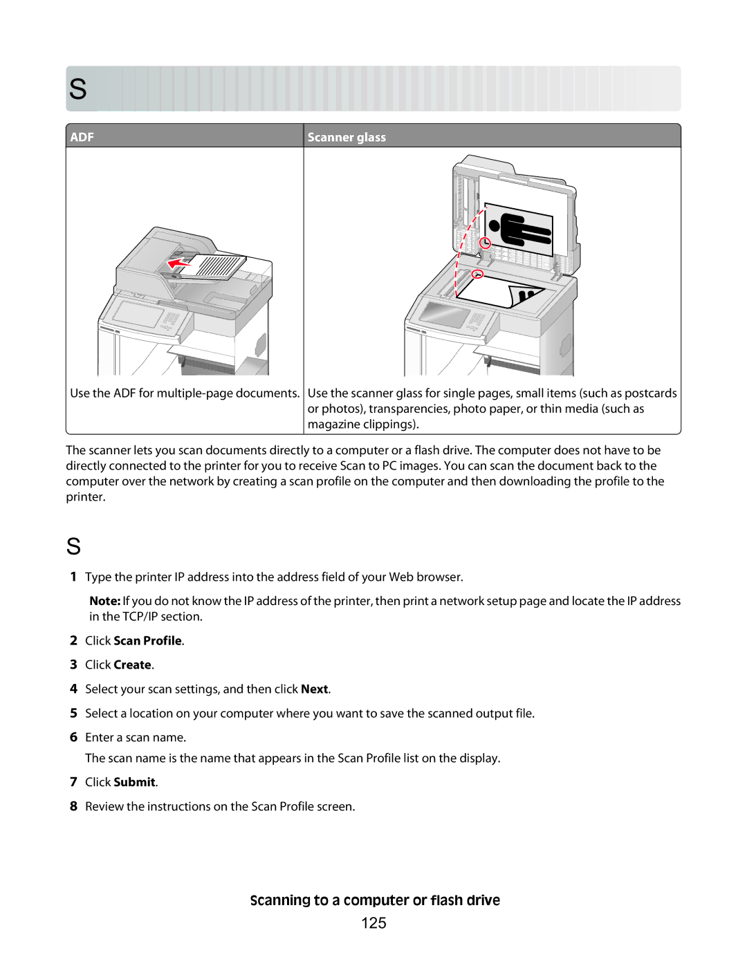 Lexmark X654de, 16M1994 manual Scan ning to a comp u t er or fla sh d riv e, Scanning to a computer, 125, Click Scan Profile 