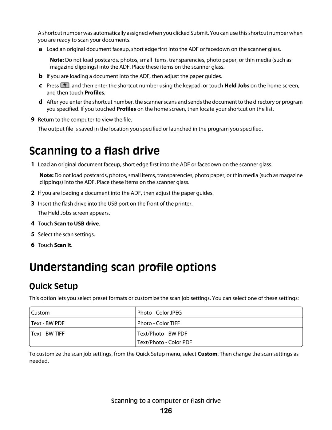 Lexmark 16M1742 Scanning to a flash drive, Understanding scan profile options, Quick Setup, 126, Touch Scan to USB drive 