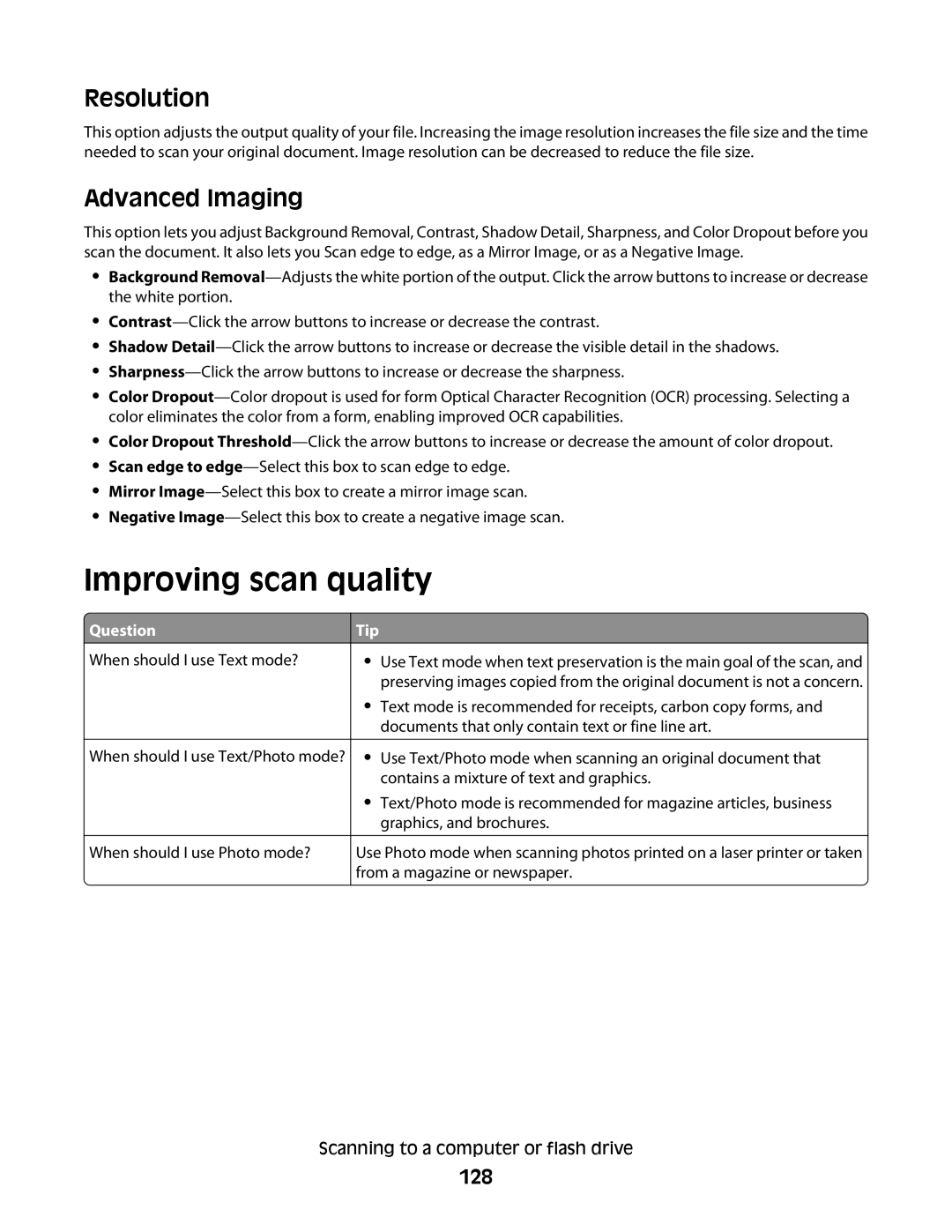 Lexmark 16M1858, 16M1994, 16M1985, 90T7250, X658dtfe, X658dtme, X658dfe, X656de Improving scan quality, Advanced Imaging, 128 