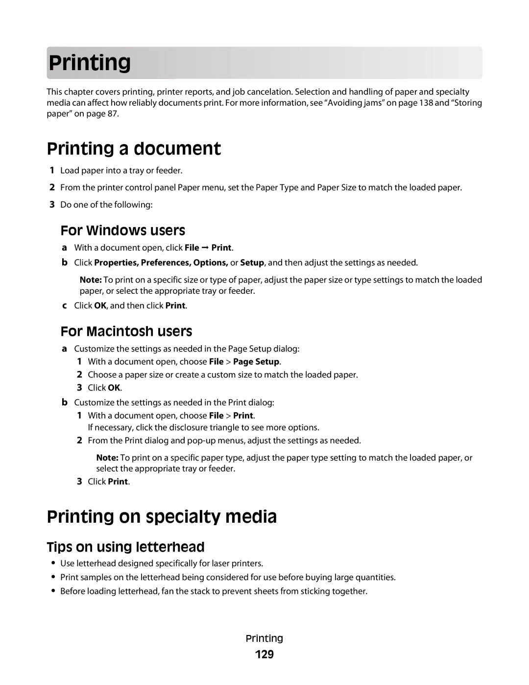 Lexmark 16M1260, 16M1994, X658d Prin ting, Printing a document, Printing on specialty media, Tips on using letterhead, 129 