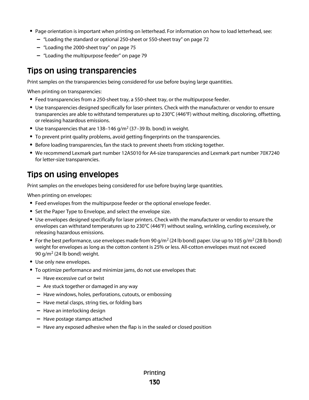 Lexmark 16M1844, 16M1994, 16M1985, 90T7250, X658dtfe, X658dtme Tips on using transparencies, Tips on using envelopes, 130 