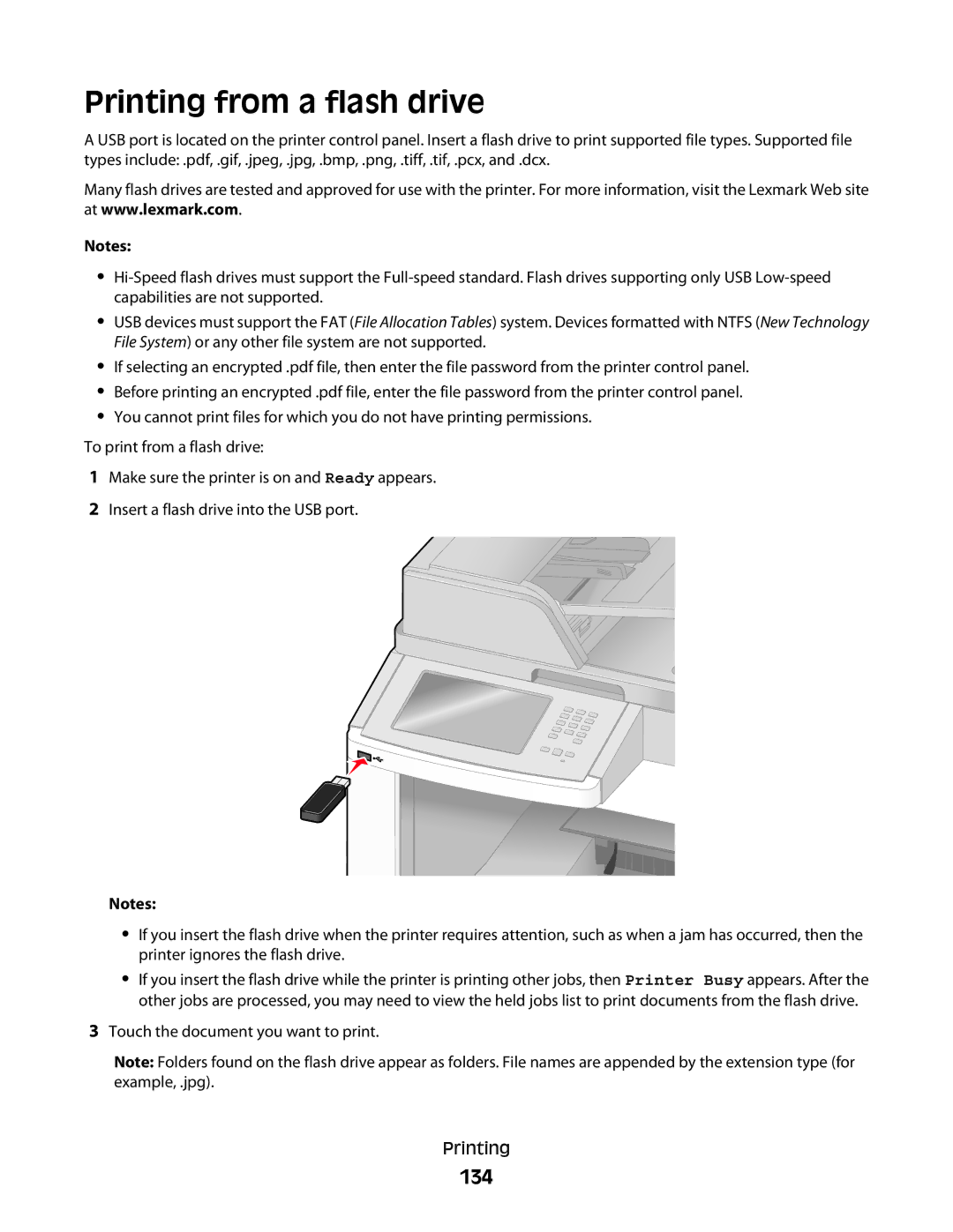 Lexmark 16M1985, 16M1994, 90T7250, X658dtfe, X658dtme, X658dfe, X658dme, X656dte, X656de manual Printing from a flash drive, 134 