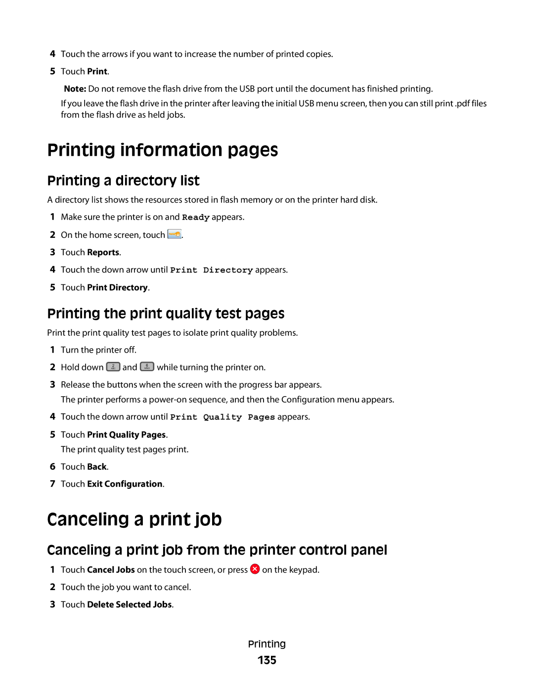 Lexmark 90T7250, 16M1994, 16M1985, X658d, X656de Printing information pages, Canceling a print job, Printing a directory list 