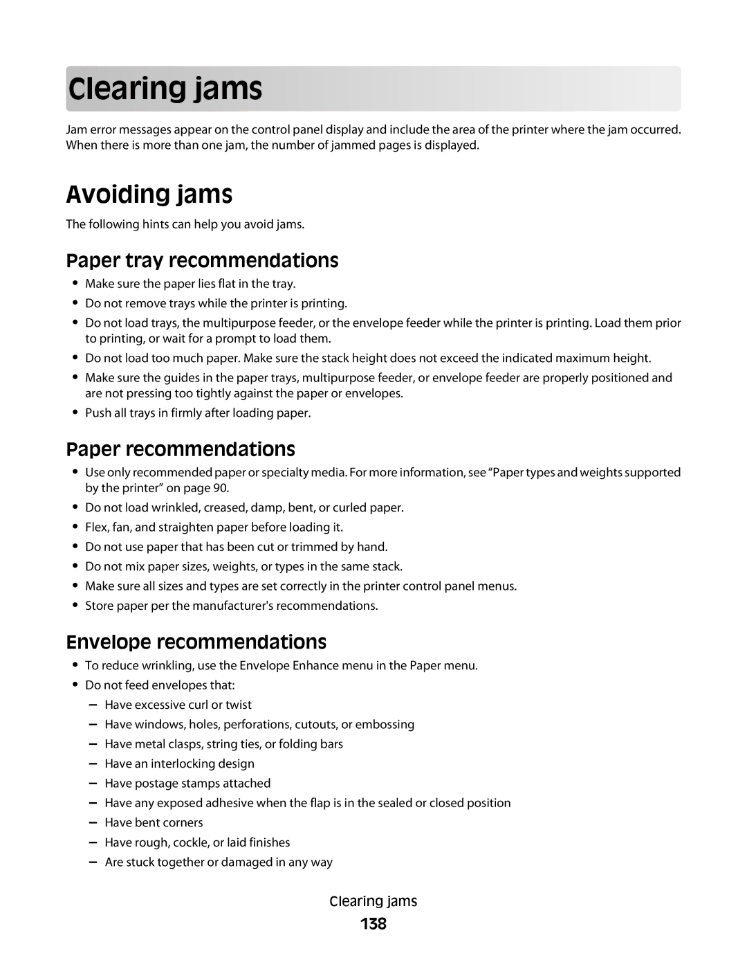 Lexmark X658dtme Clearing jams, Avoiding jams, Paper tray recommendations, Paper recommendations, Envelope recommendations 