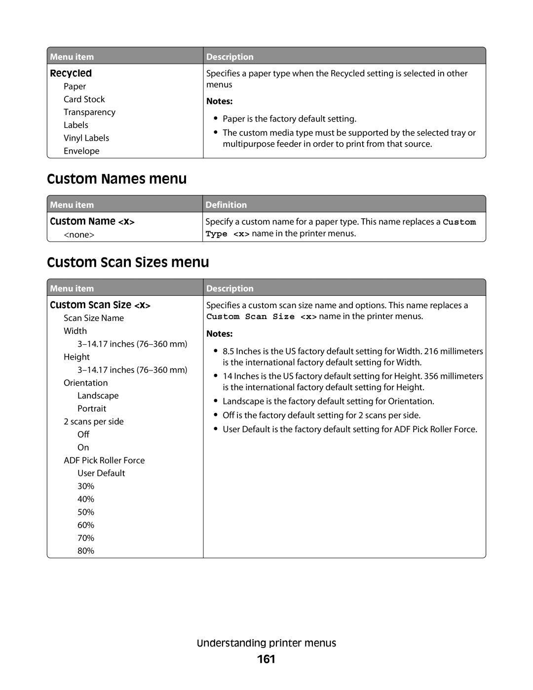 Lexmark X656de, 16M1994, 16M1985, 90T7250, X658dtfe, X658dtme, X658dfe, X652de Custom Names menu, Custom Scan Sizes menu, 161 