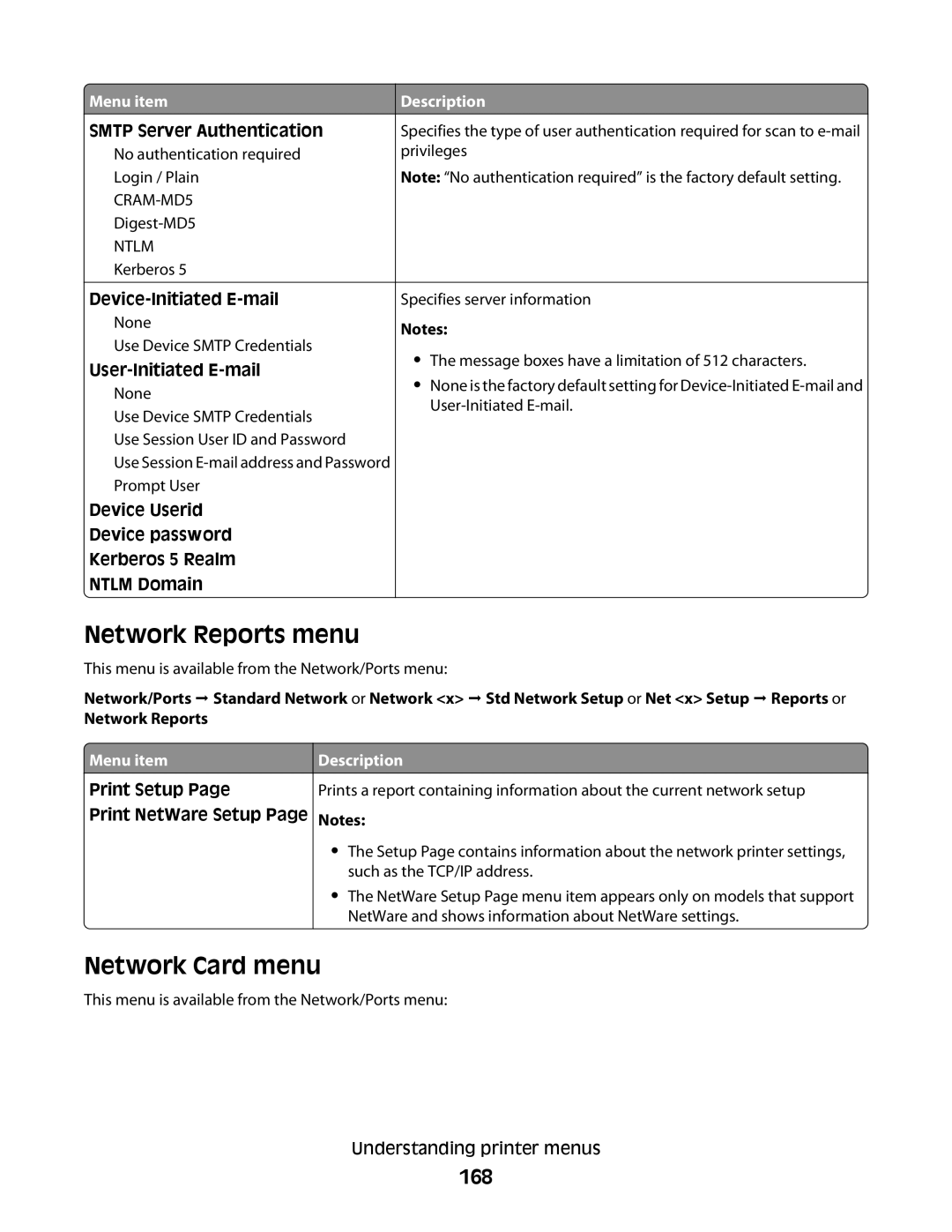 Lexmark 16M1844, 16M1994, 16M1985, 90T7250, X658dtfe, X658dtme, X658dfe, X658dme Network Reports menu, Network Card menu, 168 