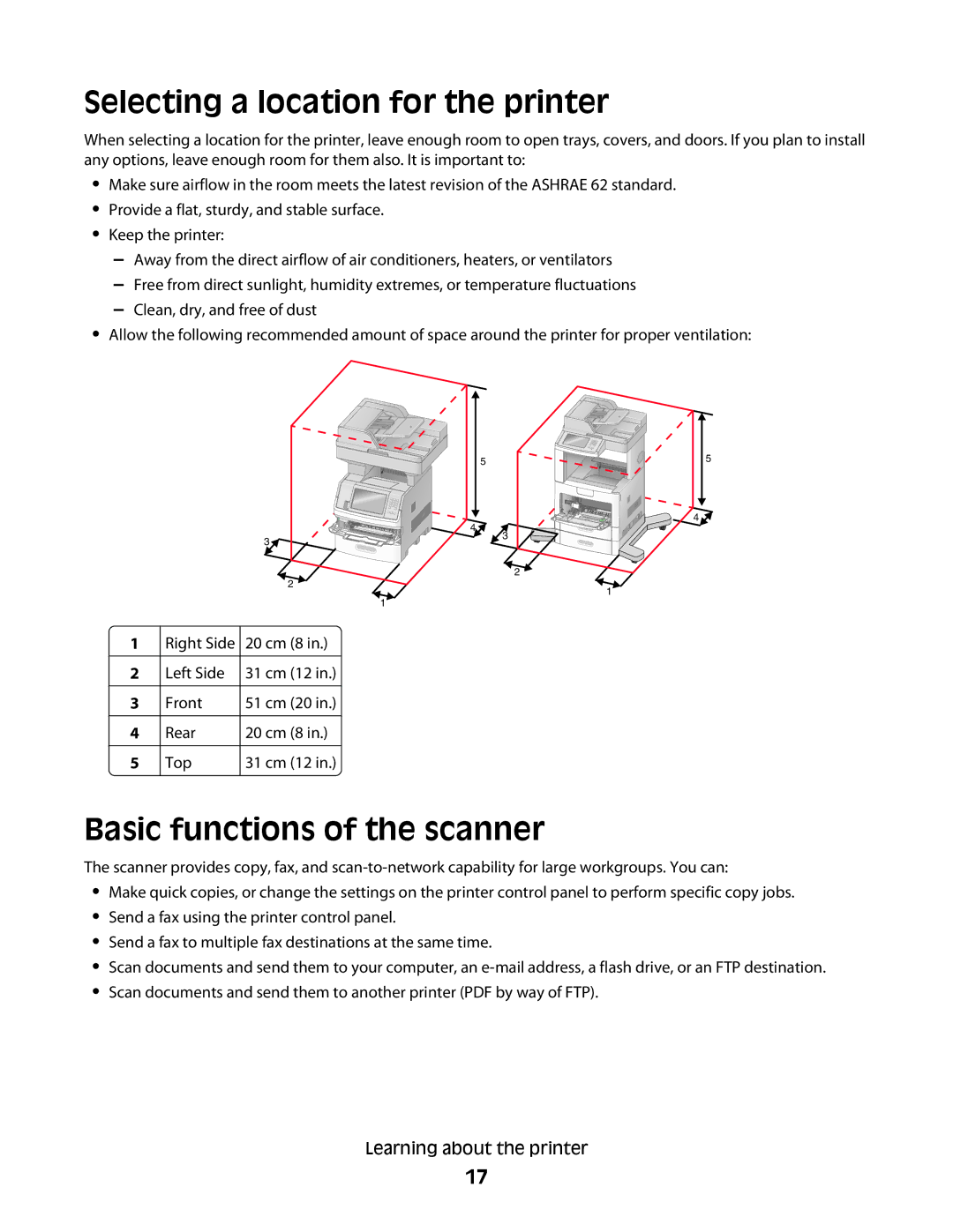 Lexmark 16M1305, 16M1994, 16M1985, 90T7250, X658d, X656de Selecting a location for the printer, Basic functions of the scanner 