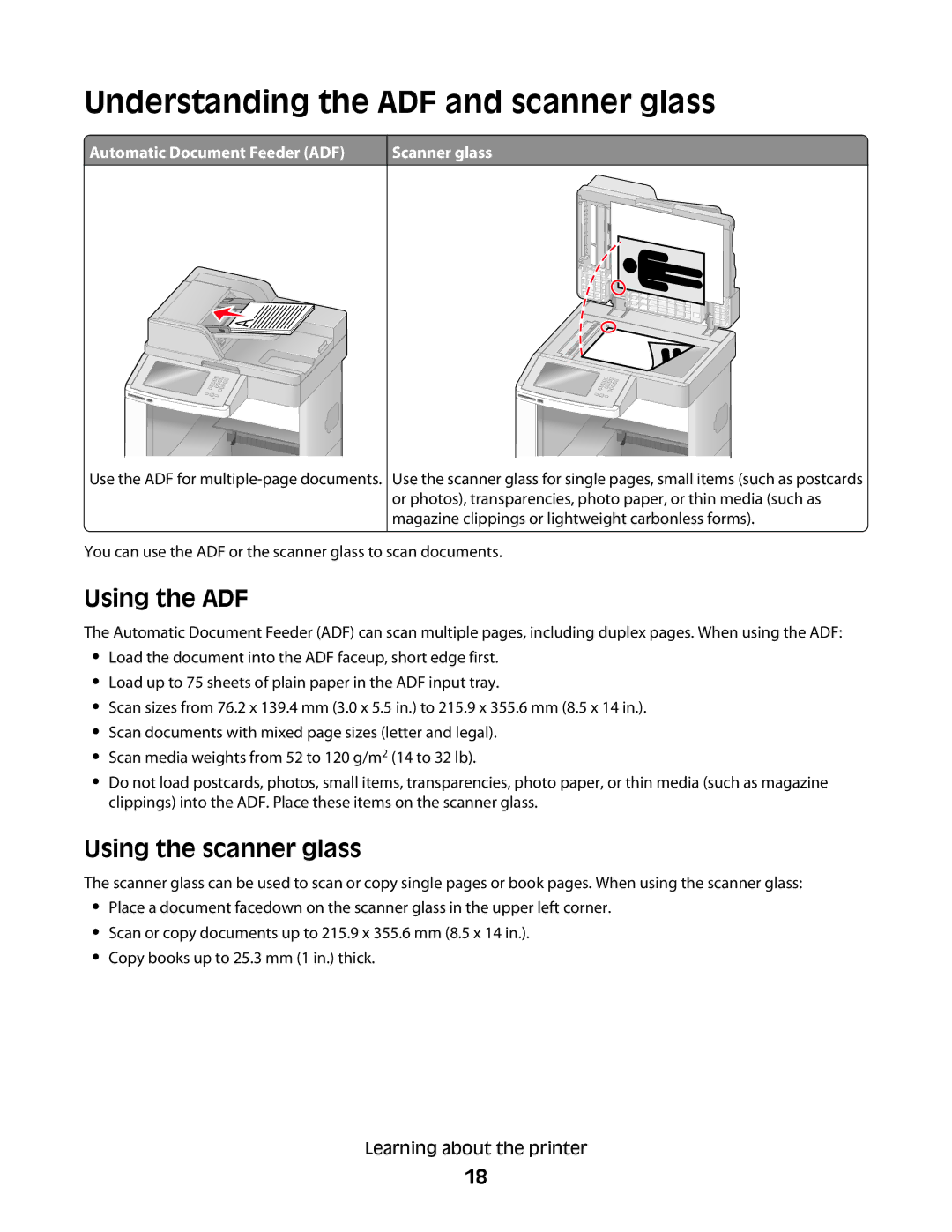 Lexmark 16M1840, 16M1994, 16M1985, 90T7250 Understanding the ADF and scanner glass, Using the ADF, Using the scanner glass 