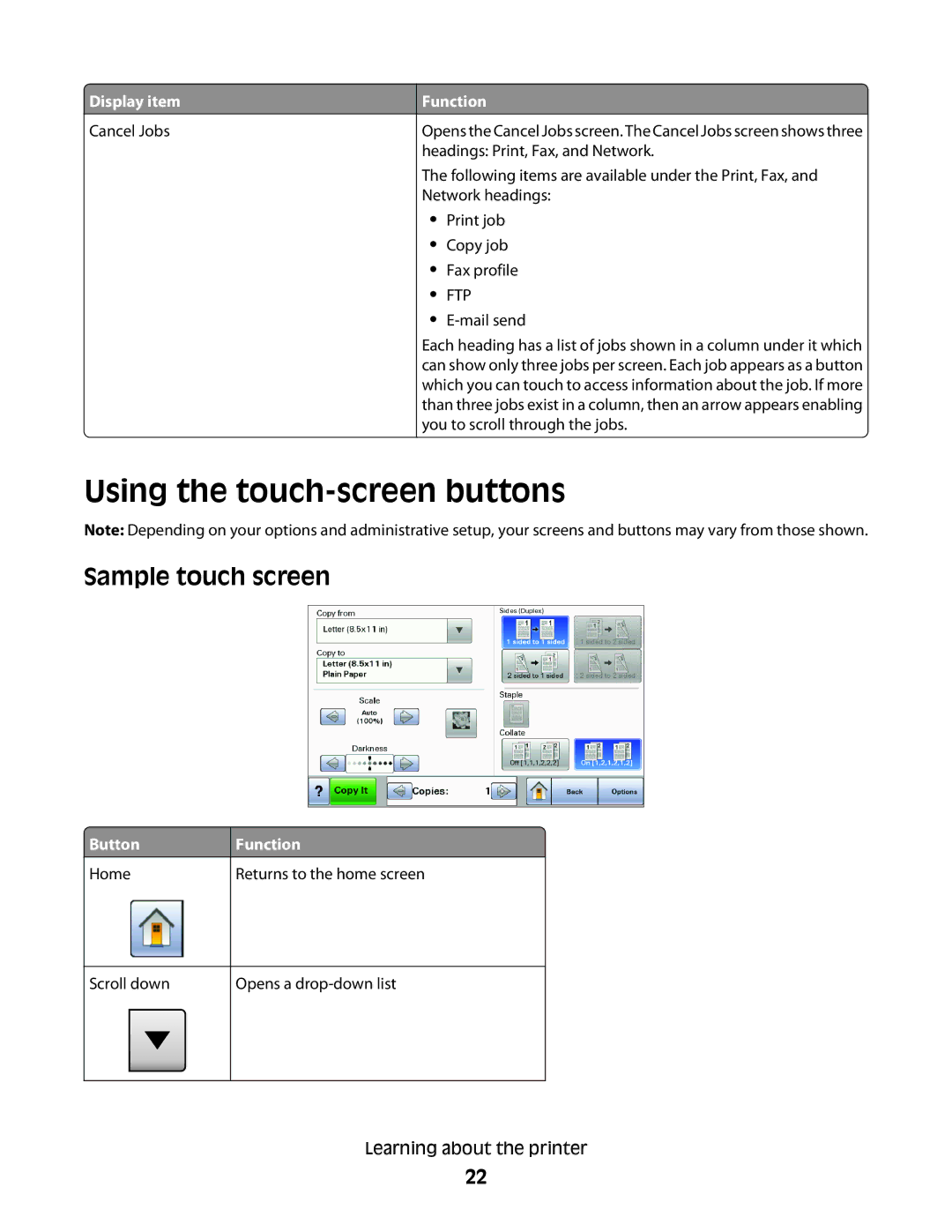 Lexmark 16M1994, 16M1985, 90T7250, X658dtfe, X658dtme, X658dfe, X658dme Using the touch-screen buttons, Sample touch screen 