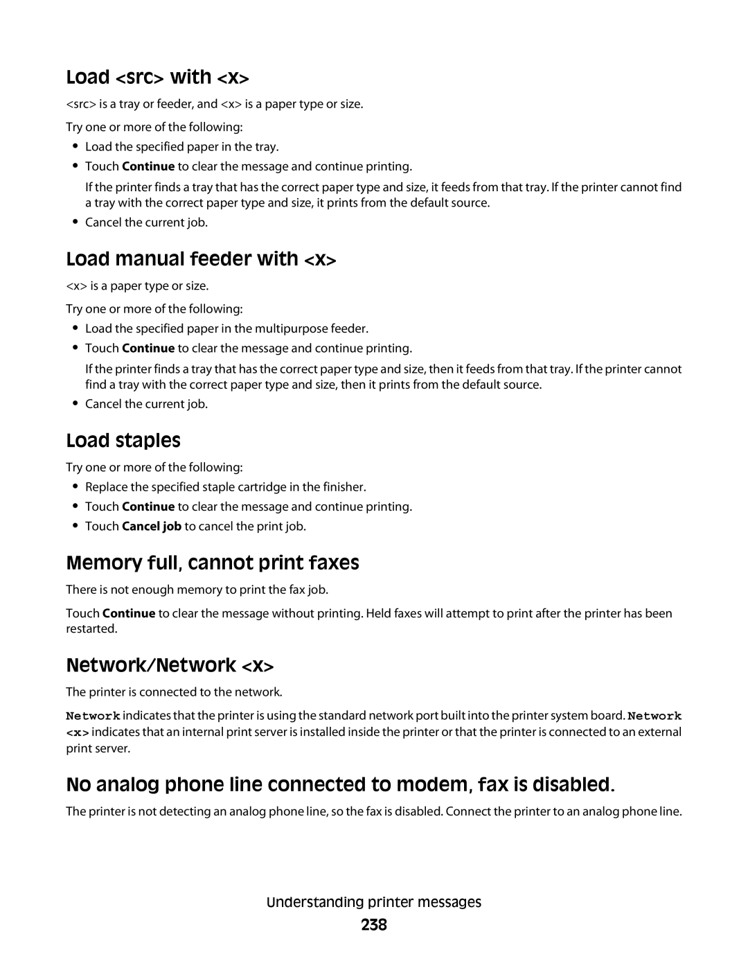 Lexmark X652de Load src with, Load manual feeder with, Load staples, Memory full, cannot print faxes, Network/Network 