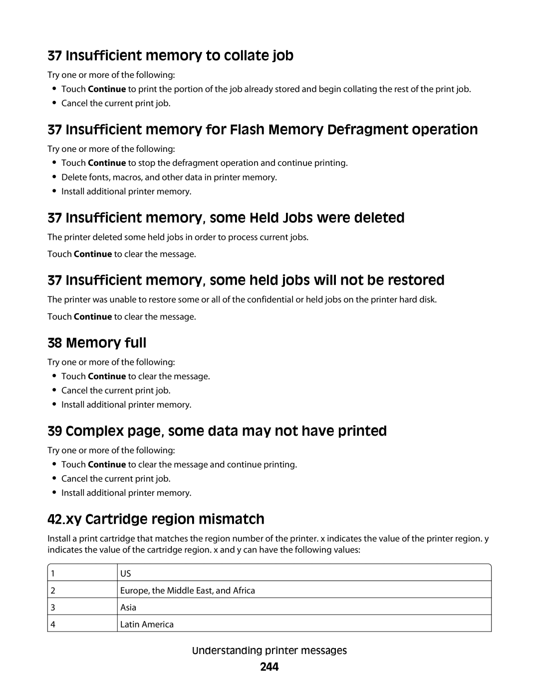 Lexmark 16M1844 Insufficient memory to collate job, Insufficient memory for Flash Memory Defragment operation, Memory full 