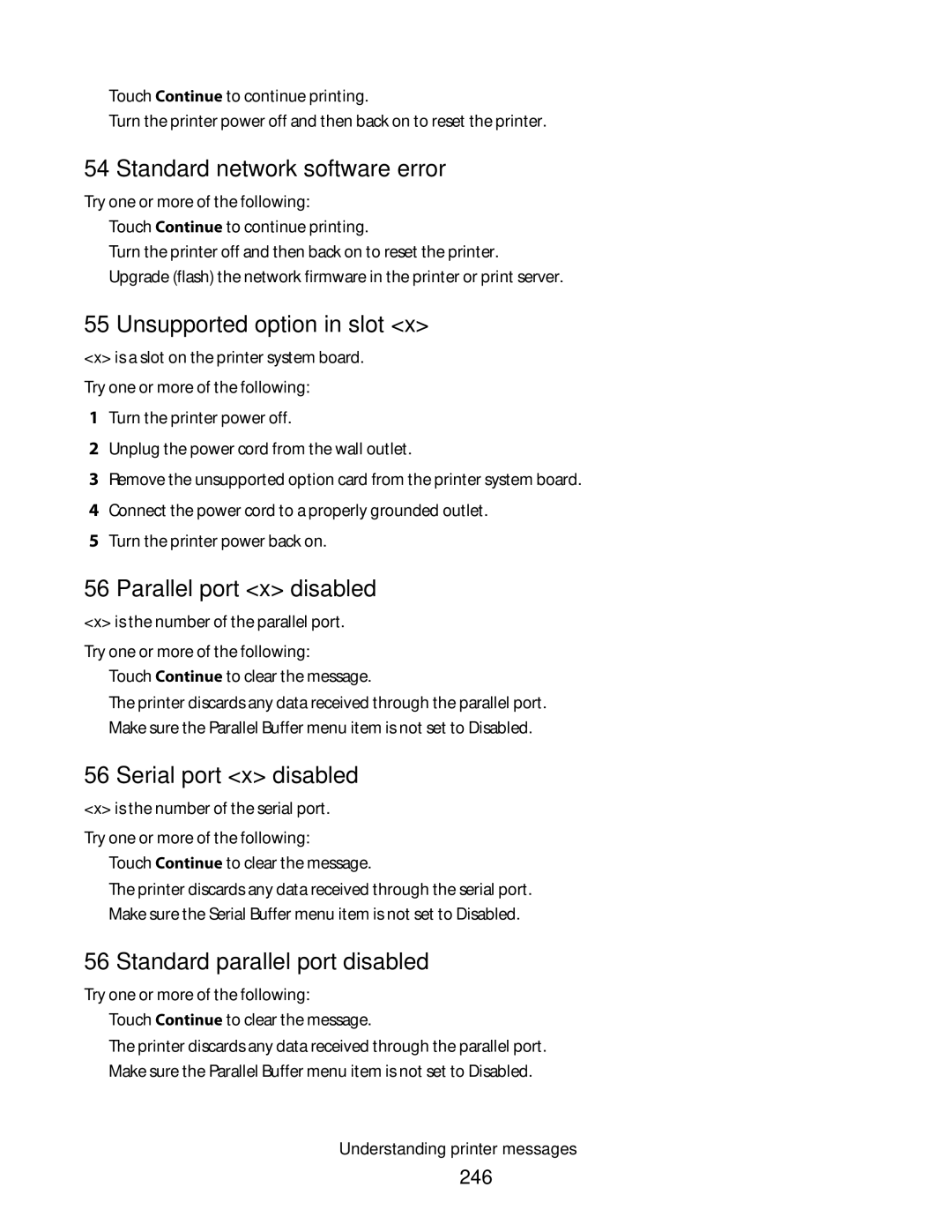 Lexmark 16M1840, 16M1994, 16M1985 Standard network software error, Unsupported option in slot, Parallel port x disabled 