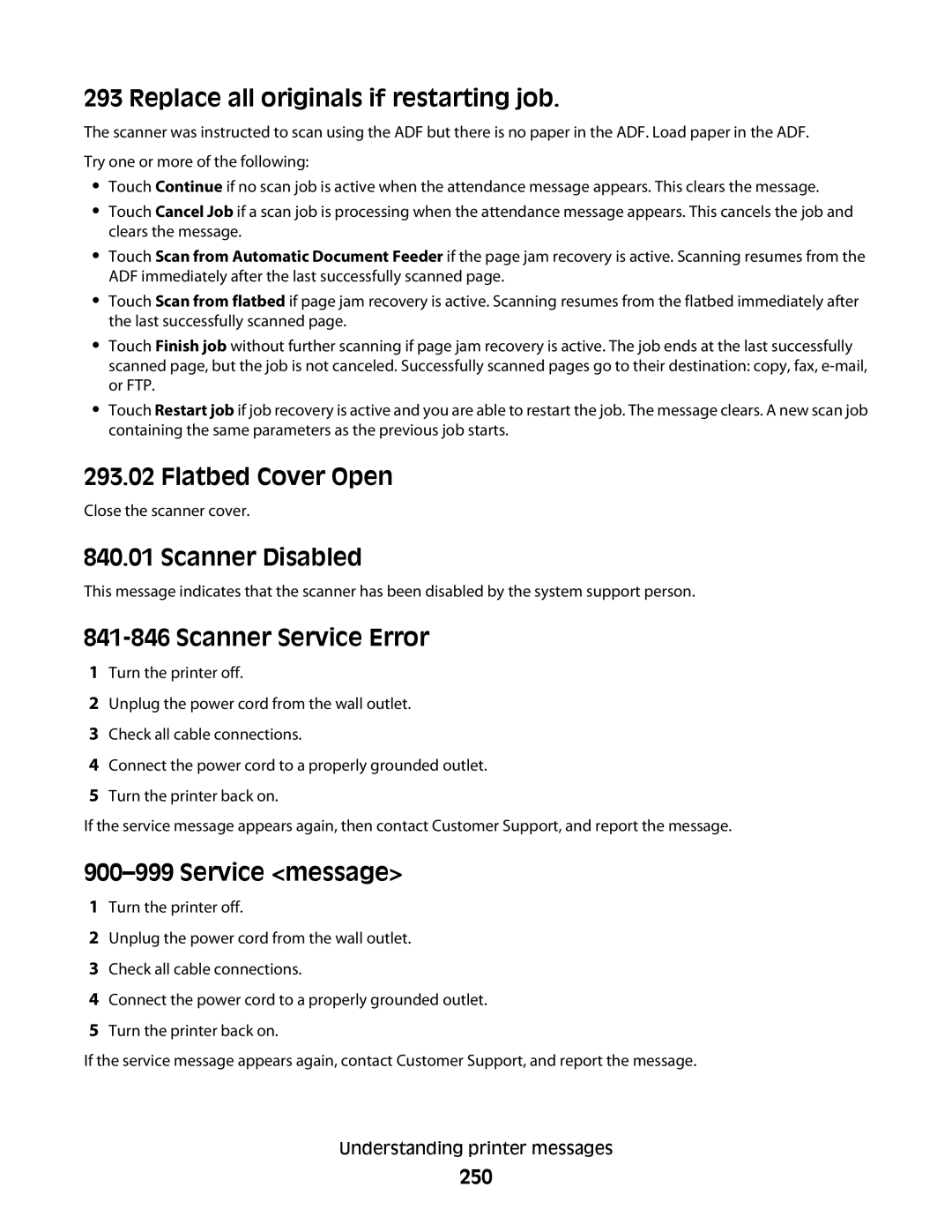 Lexmark X658d, X656de Replace all originals if restarting job, Flatbed Cover Open, Scanner Disabled, Scanner Service Error 