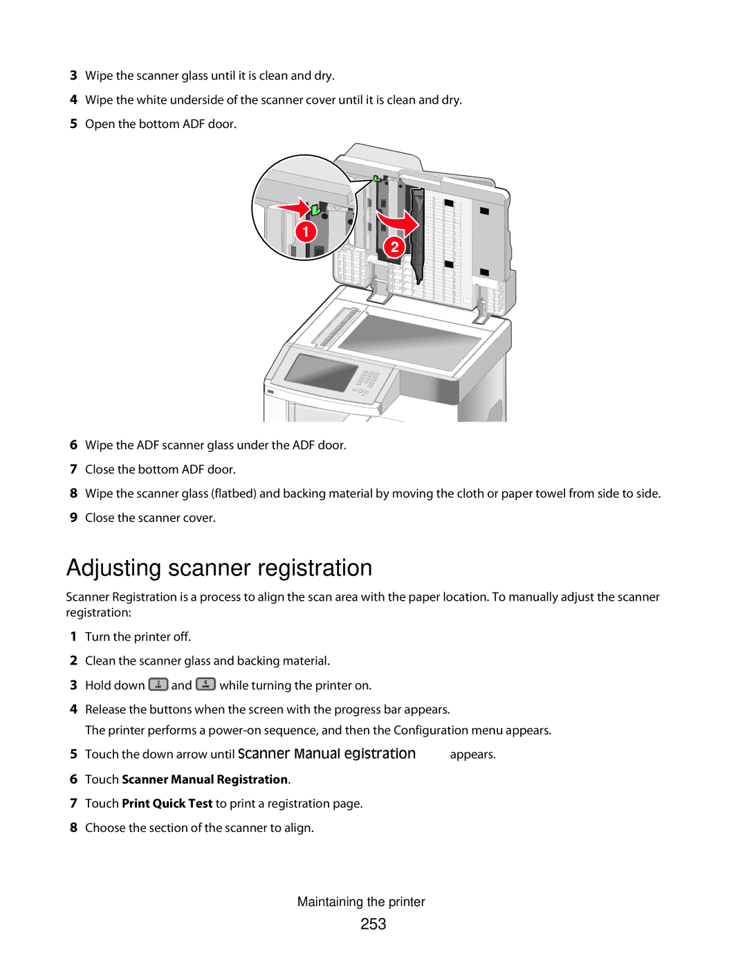 Lexmark X658dfe, 16M1994, 16M1985, 90T7250, X658dtfe Adjusting scanner registration, 253, Touch Scanner Manual Registration 