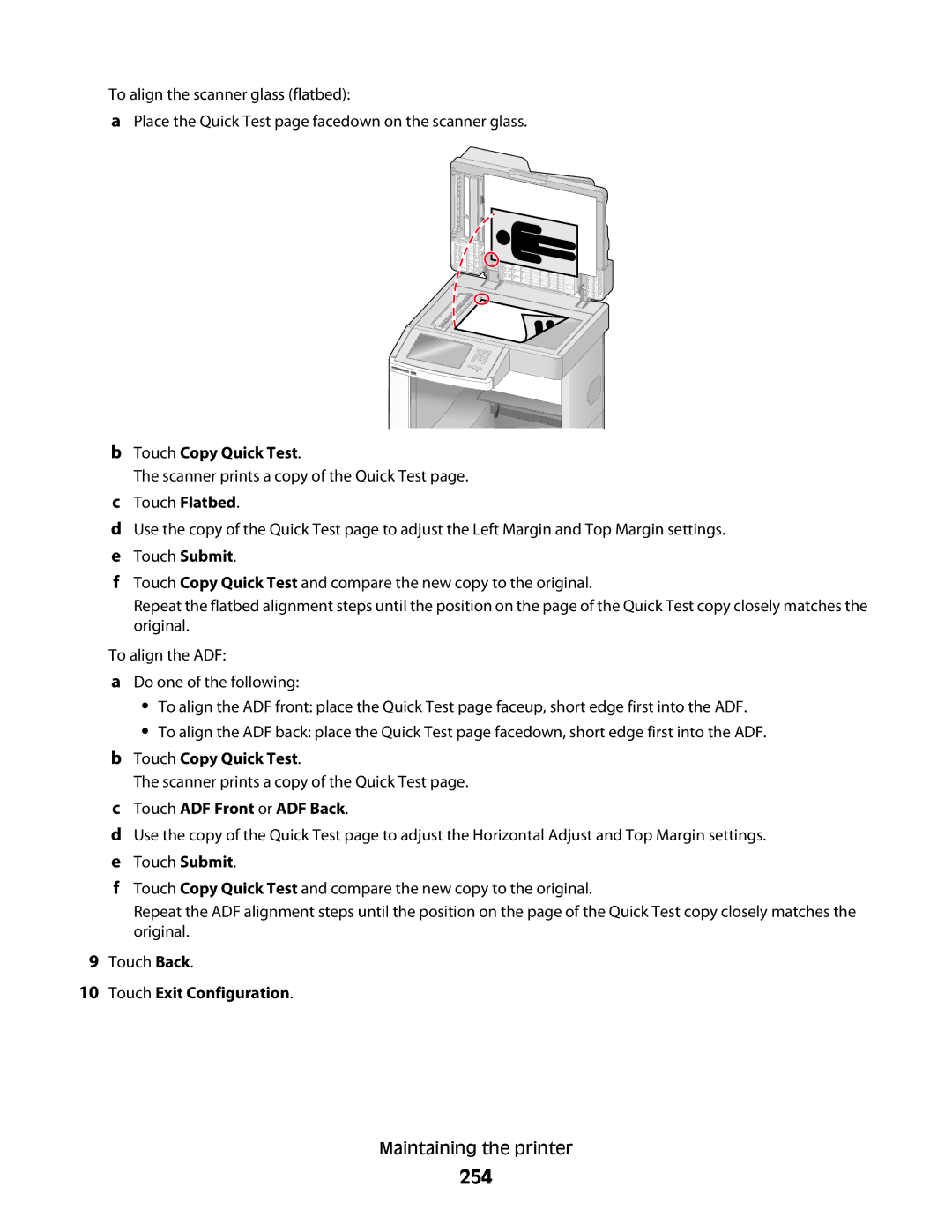 Lexmark X658dme, 16M1994, 16M1985, 90T7250, X658dtfe, X658dtme, X658dfe 254, Touch Copy Quick Test, Touch ADF Front or ADF Back 