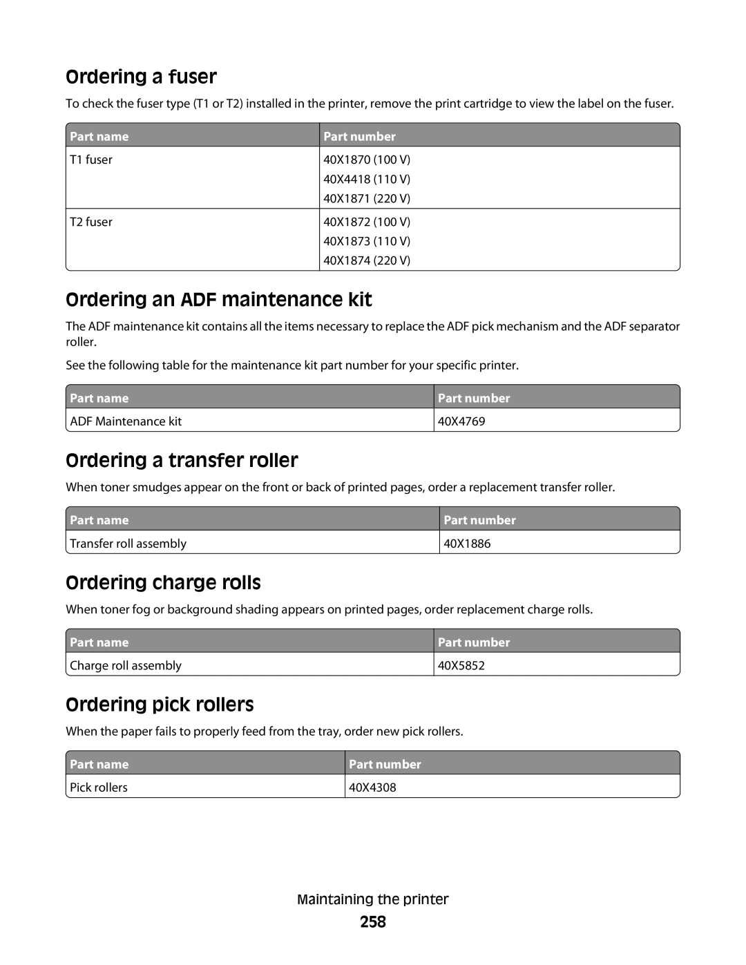 Lexmark X654de, X658d Ordering a fuser, Ordering an ADF maintenance kit, Ordering a transfer roller, Ordering charge rolls 