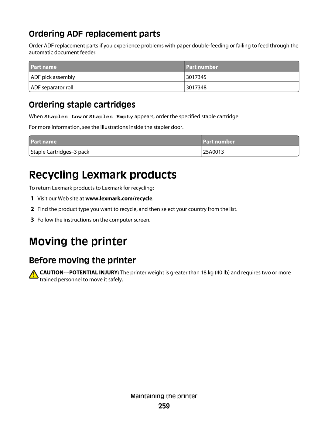 Lexmark 16M1742 Recycling Lexmark products, Moving the printer, Ordering ADF replacement parts, Ordering staple cartridges 