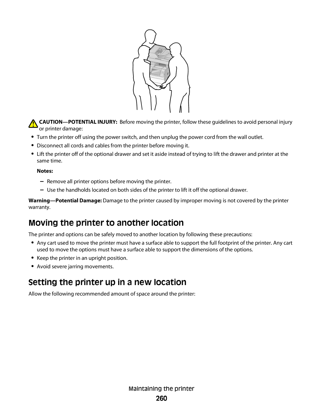Lexmark 16M1784, 16M1994, 16M1985 Moving the printer to another location, Setting the printer up in a new location, 260 