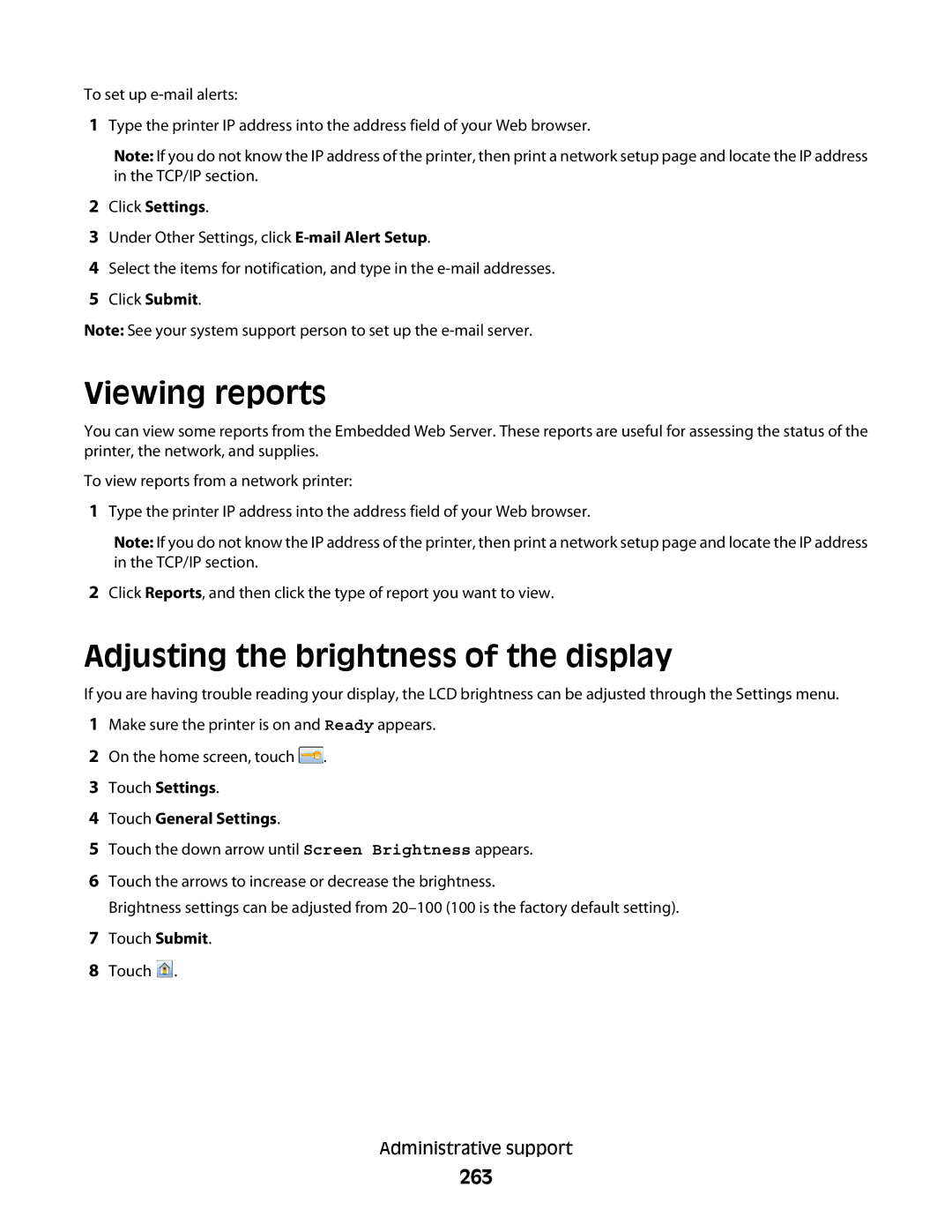 Lexmark 16M1844 manual Viewing reports, Adjusting the brightness of the display, 263, Touch Settings Touch General Settings 