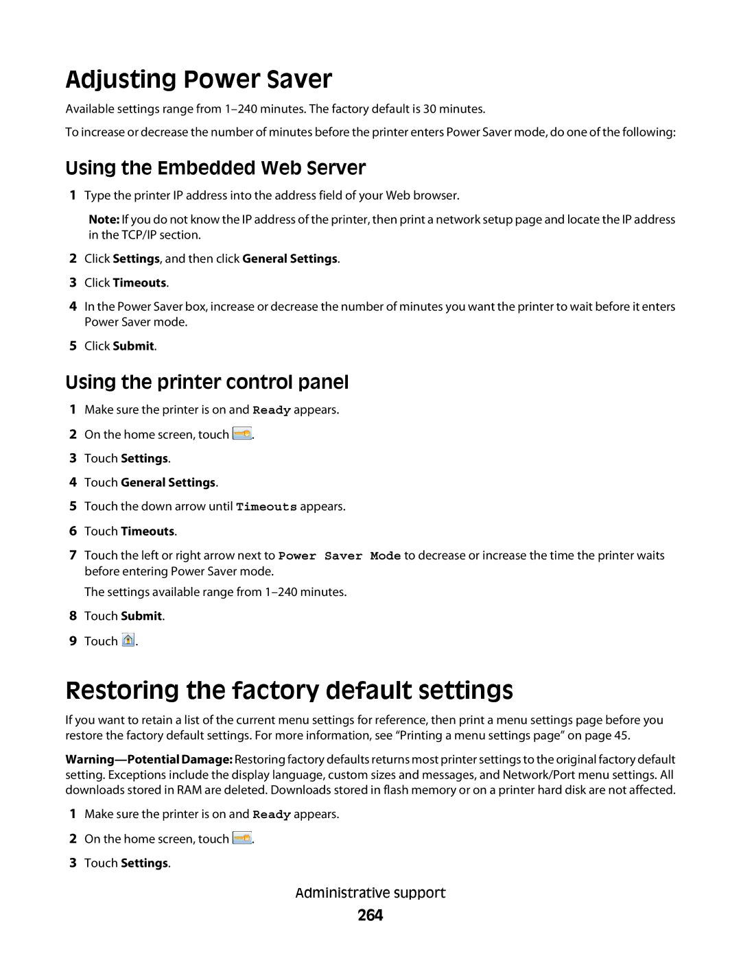 Lexmark 16M1305, 16M1994 Adjusting Power Saver, Restoring the factory default settings, Using the Embedded Web Server, 264 