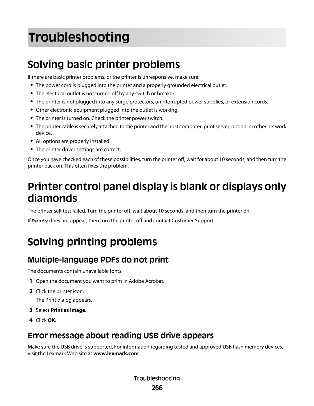 Lexmark 16M1994, 16M1985, 90T7250, X658d Troublesho oting, Solving basic printer problems, Solving printing problems, 266 