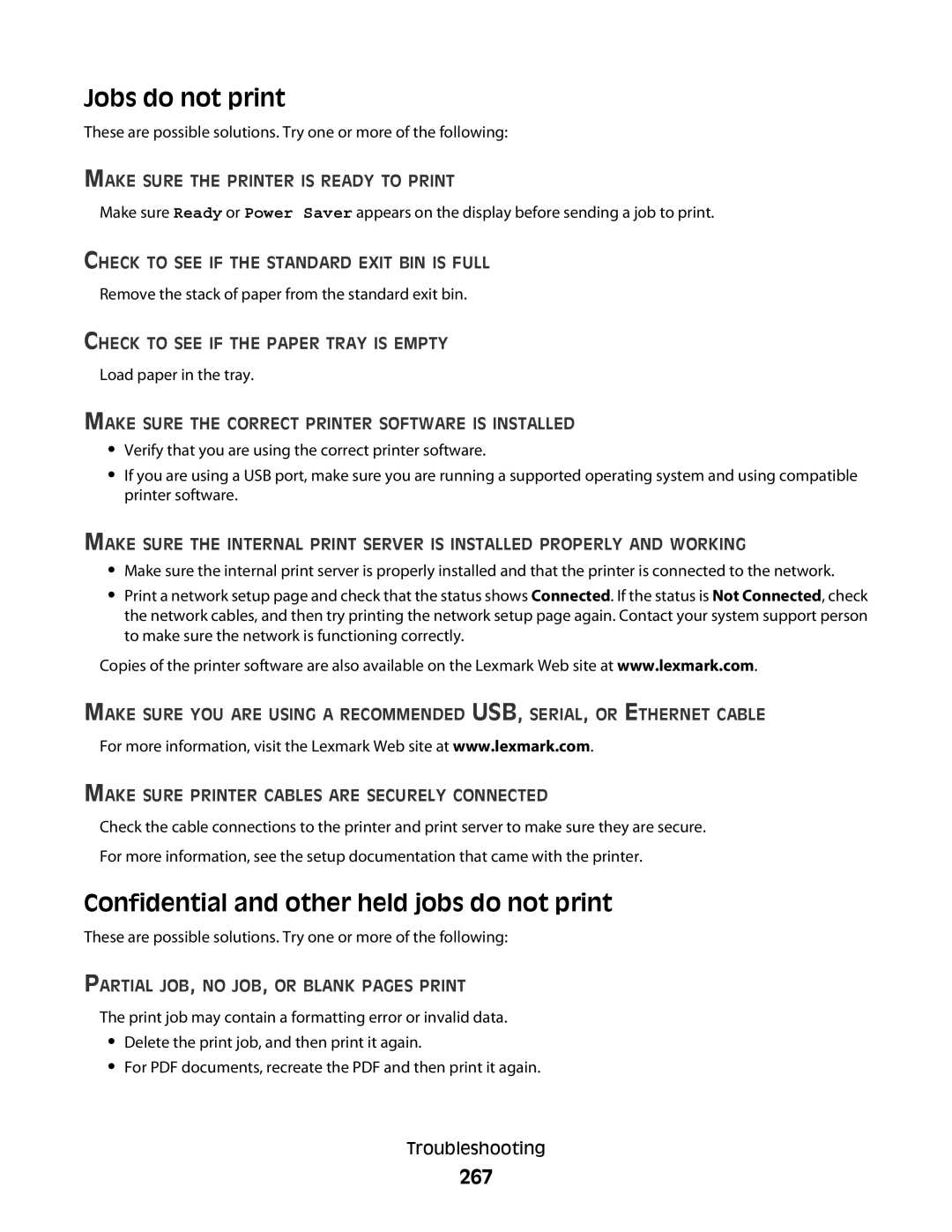 Lexmark 16M1985, 16M1994, 90T7250, X658dtfe, X658dfe Jobs do not print, Confidential and other held jobs do not print, 267 