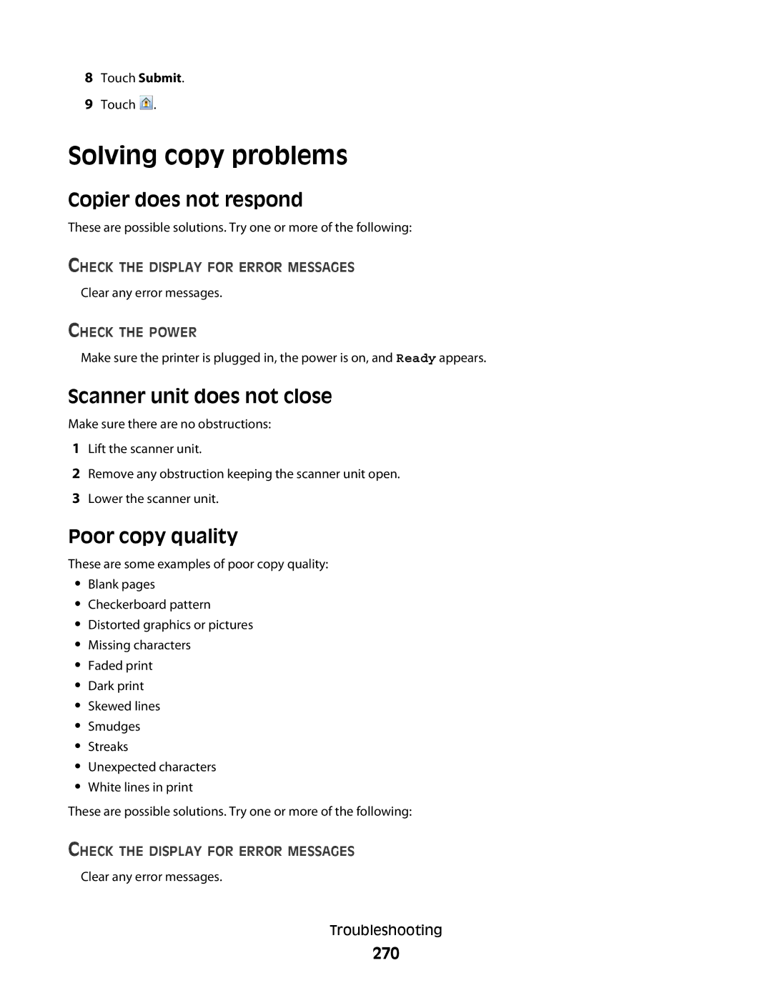 Lexmark X658dtfe manual Solving copy problems, Copier does not respond, Scanner unit does not close, Poor copy quality, 270 