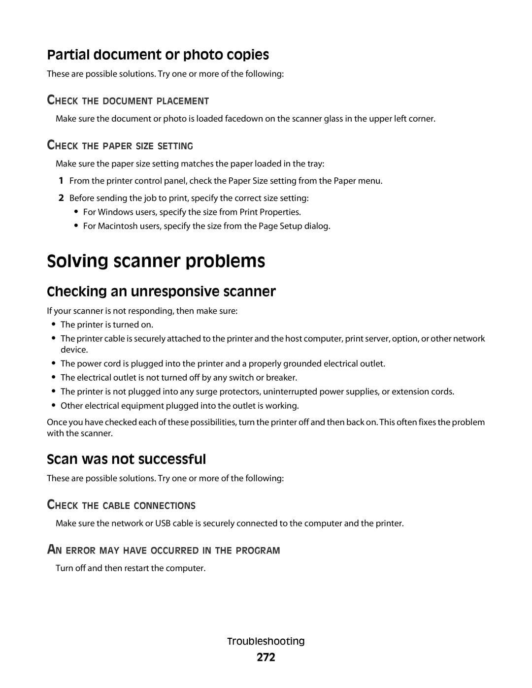 Lexmark X658dfe, 16M1994 Solving scanner problems, Partial document or photo copies, Checking an unresponsive scanner, 272 