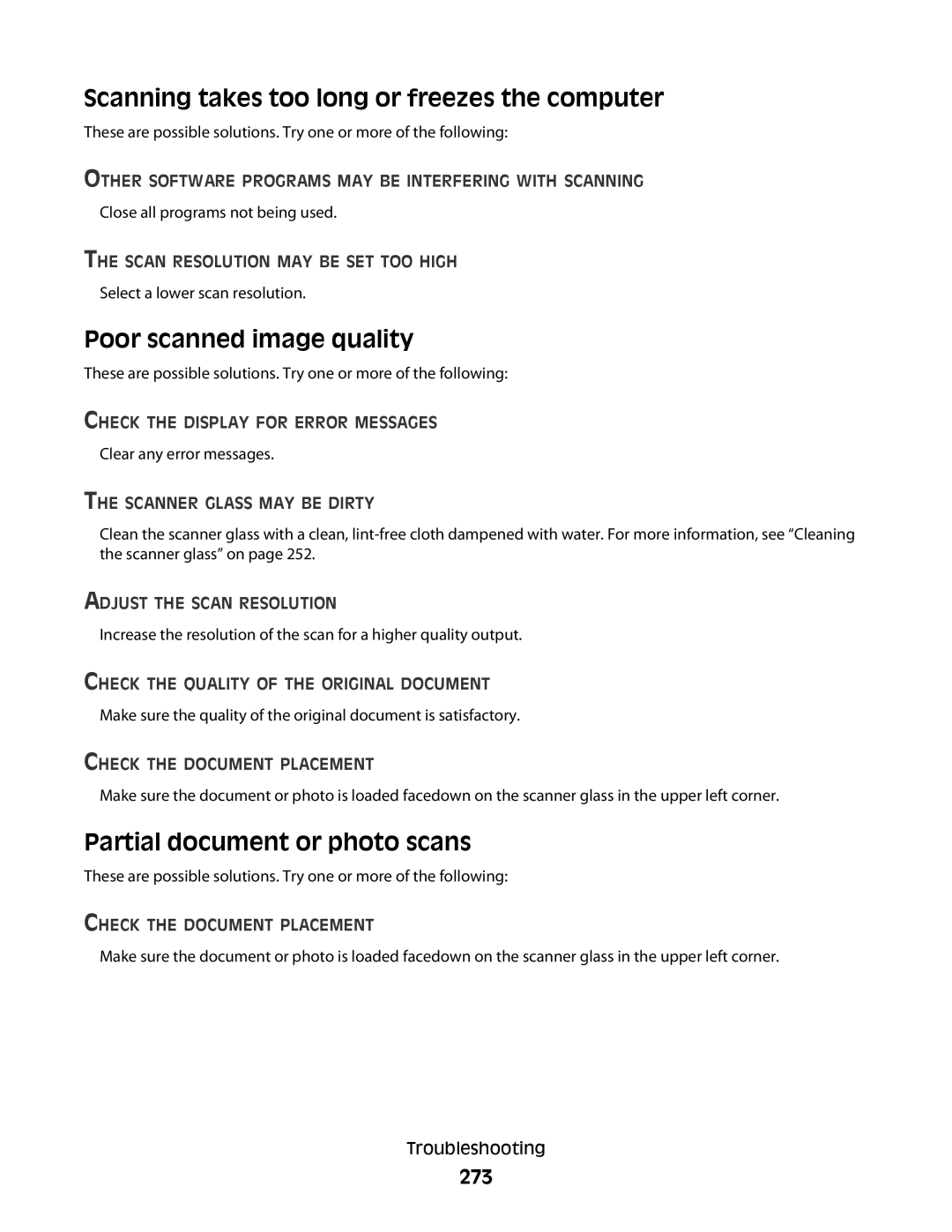 Lexmark X658dme, 16M1994, 16M1985, 90T7250 Scanning takes too long or freezes the computer, Poor scanned image quality, 273 