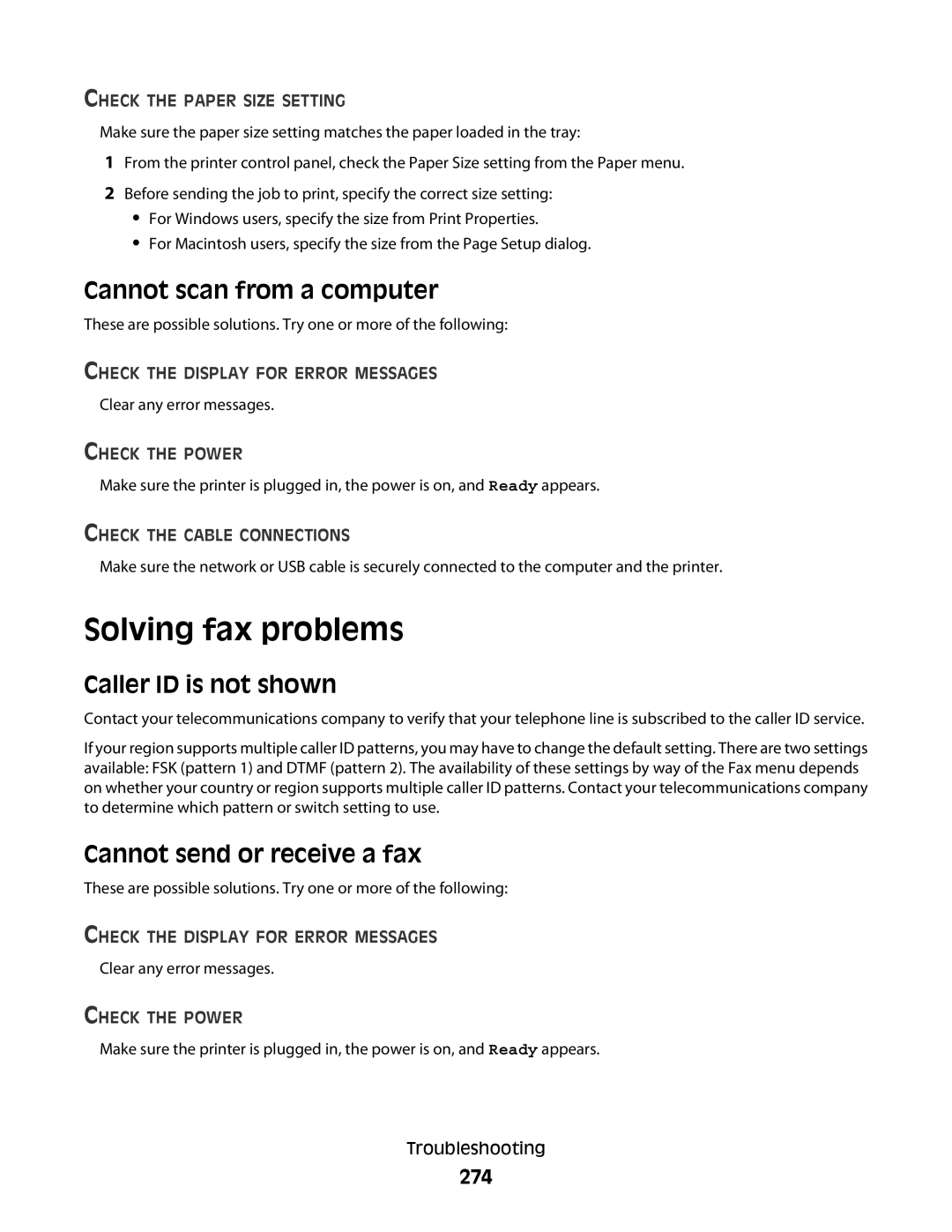 Lexmark X656dte Solving fax problems, Cannot scan from a computer, Caller ID is not shown, Cannot send or receive a fax 