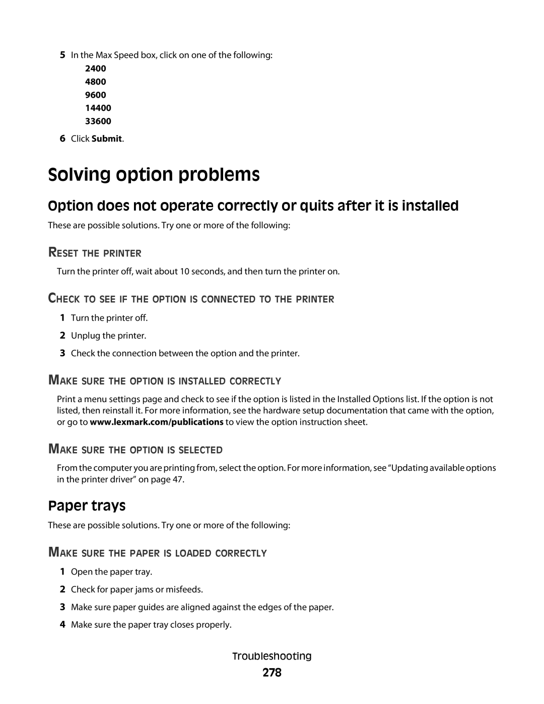 Lexmark 16M1742, 16M1994, 16M1985, 90T7250, X658dtfe, X658dtme, X658dfe, X658dme Solving option problems, Paper trays, 278 