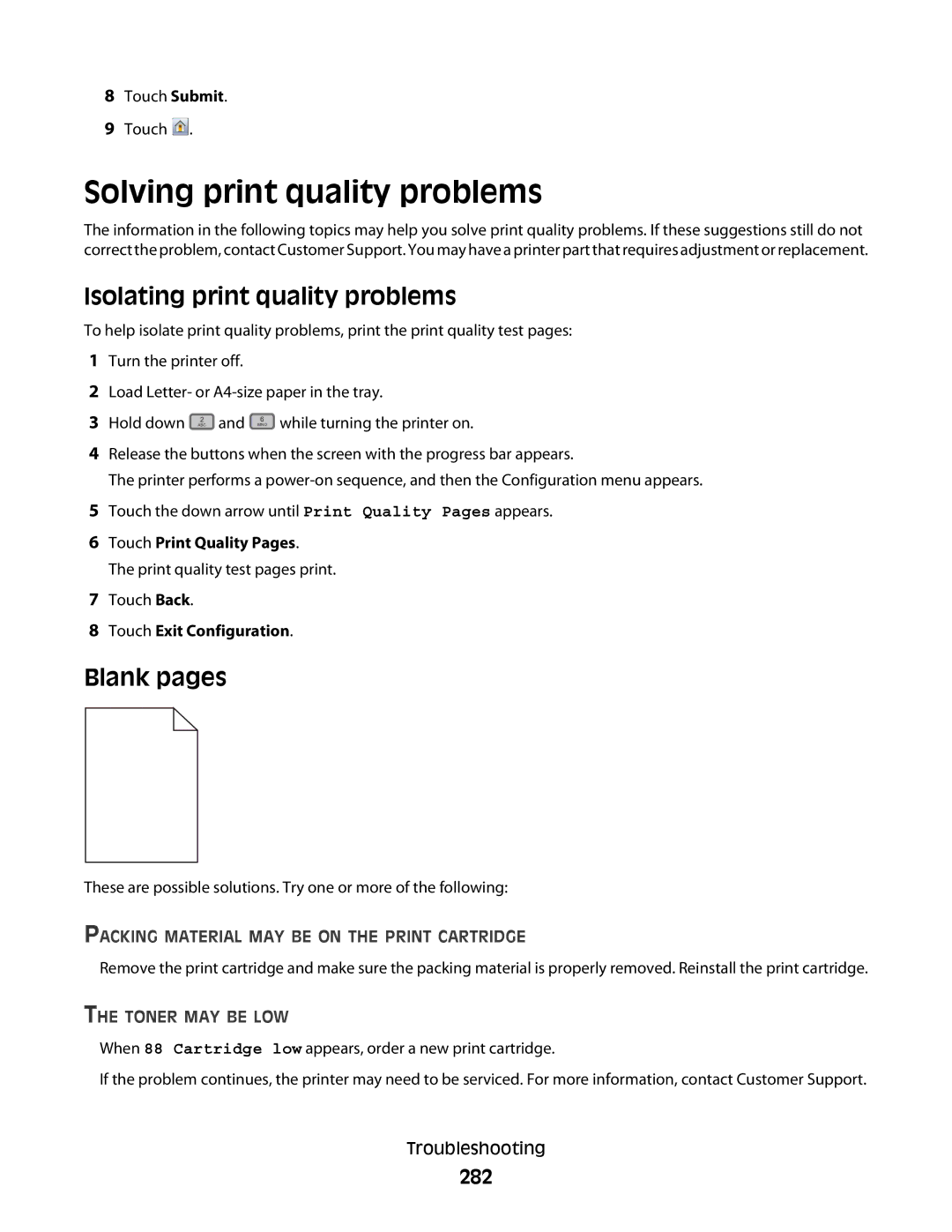 Lexmark 16M1844, 16M1994, 16M1985, X658d Solving print quality problems, Isolating print quality problems, Blank pages, 282 