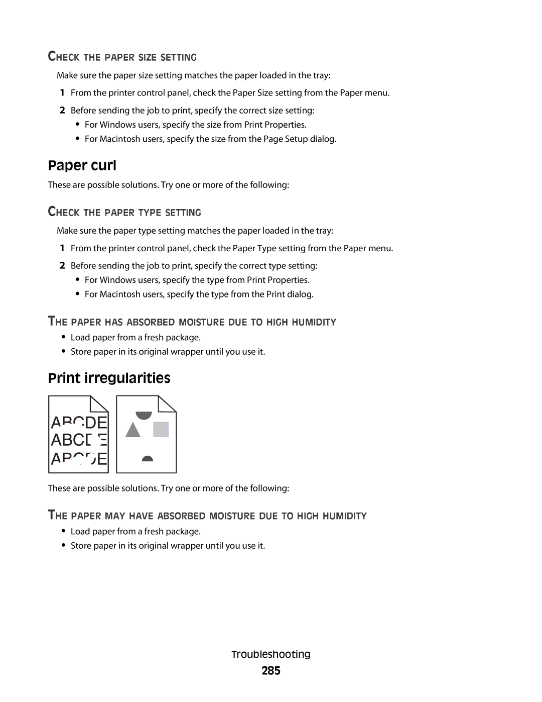 Lexmark 16M1994, 16M1985, 90T7250 Paper curl, Print irregularities, 285, Paper has Absorbed Moisture DUE to High Humidity 