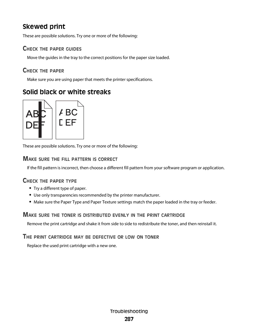 Lexmark 90T7250, 16M1994, 16M1985, X658dtfe, X658dtme, X658dfe, X658dme manual Skewed print, Solid black or white streaks, 287 