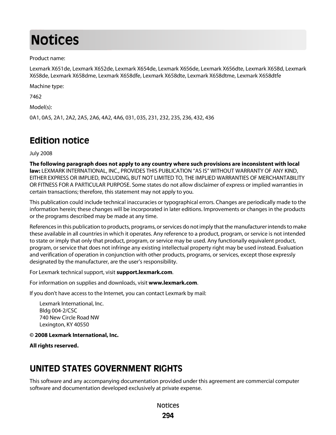 Lexmark X656de, 16M1994, 16M1985, 90T7250, X658dfe Edition notice, 294, Lexmark International, Inc. All rights reserved 