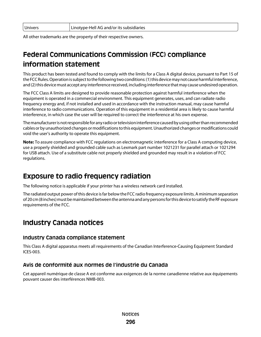 Lexmark X654de, 16M1994, 16M1985, 90T7250, X658dtfe Exposure to radio frequency radiation, Industry Canada notices, 296 