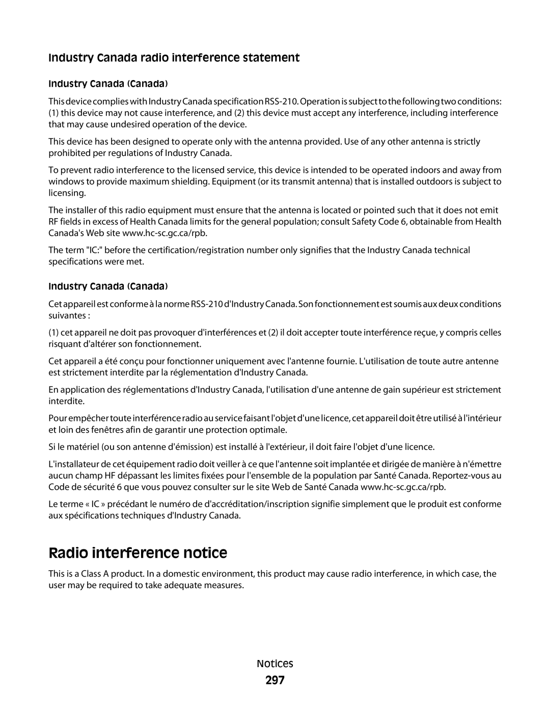 Lexmark 16M1742, 16M1994, 16M1985, 90T7250, X658dtfe, X658dtme manual Radio interference notice, 297, Industry Canada Canada 