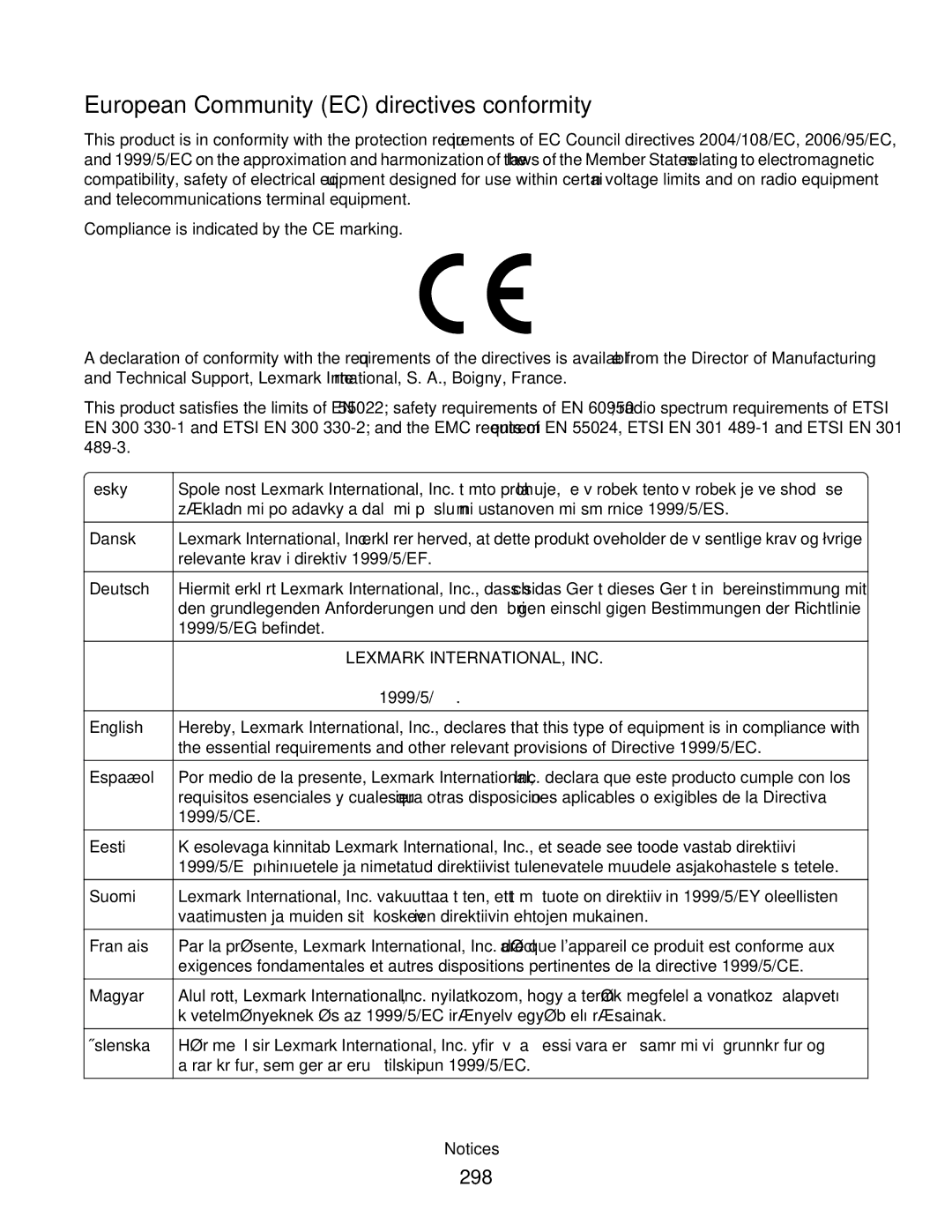 Lexmark 16M1784, 16M1994, 16M1985, 90T7250, X658dtfe, X658dtme, X658dfe European Community EC directives conformity, 298 