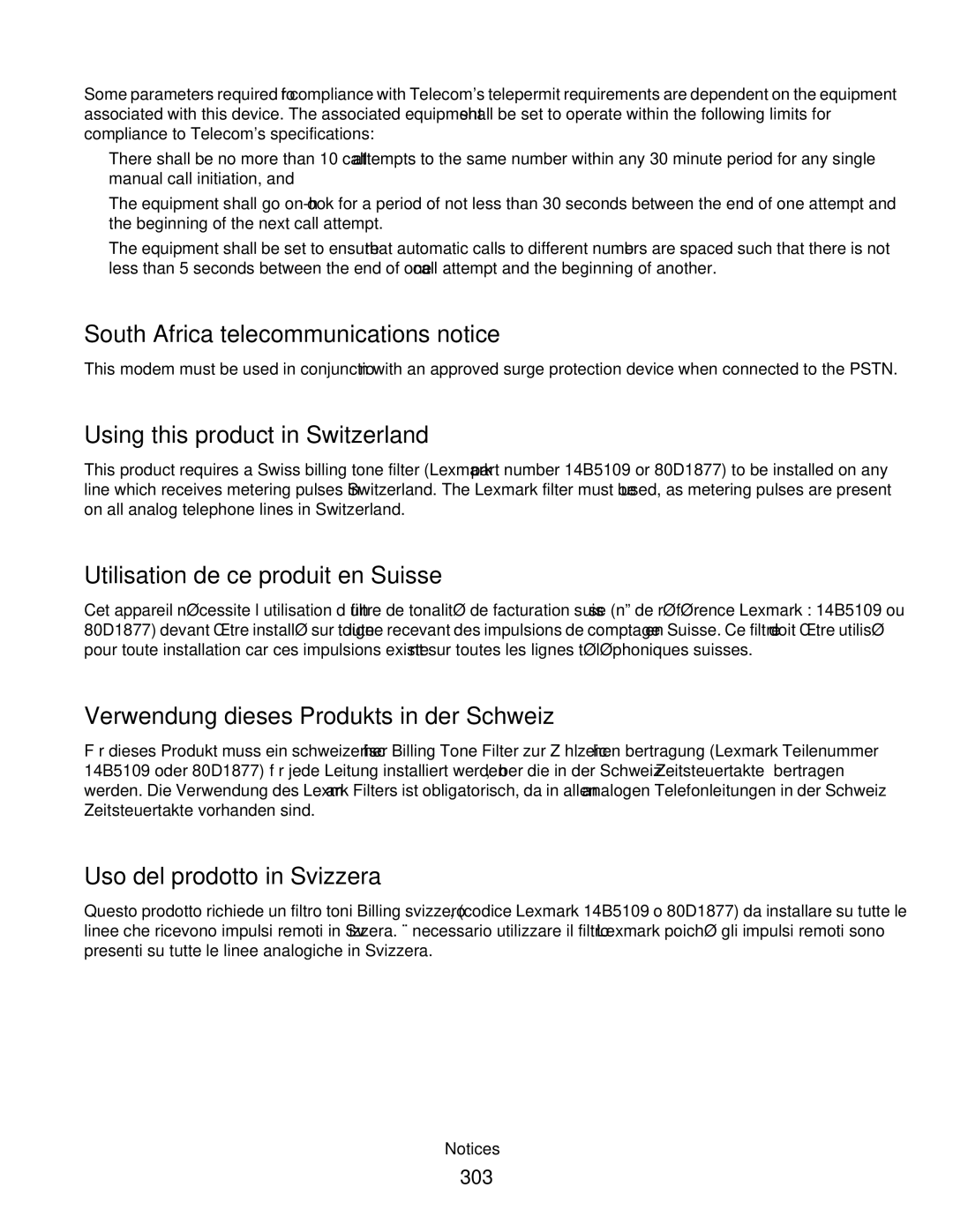 Lexmark 16M1840 South Africa telecommunications notice, Using this product in Switzerland, Uso del prodotto in Svizzera 