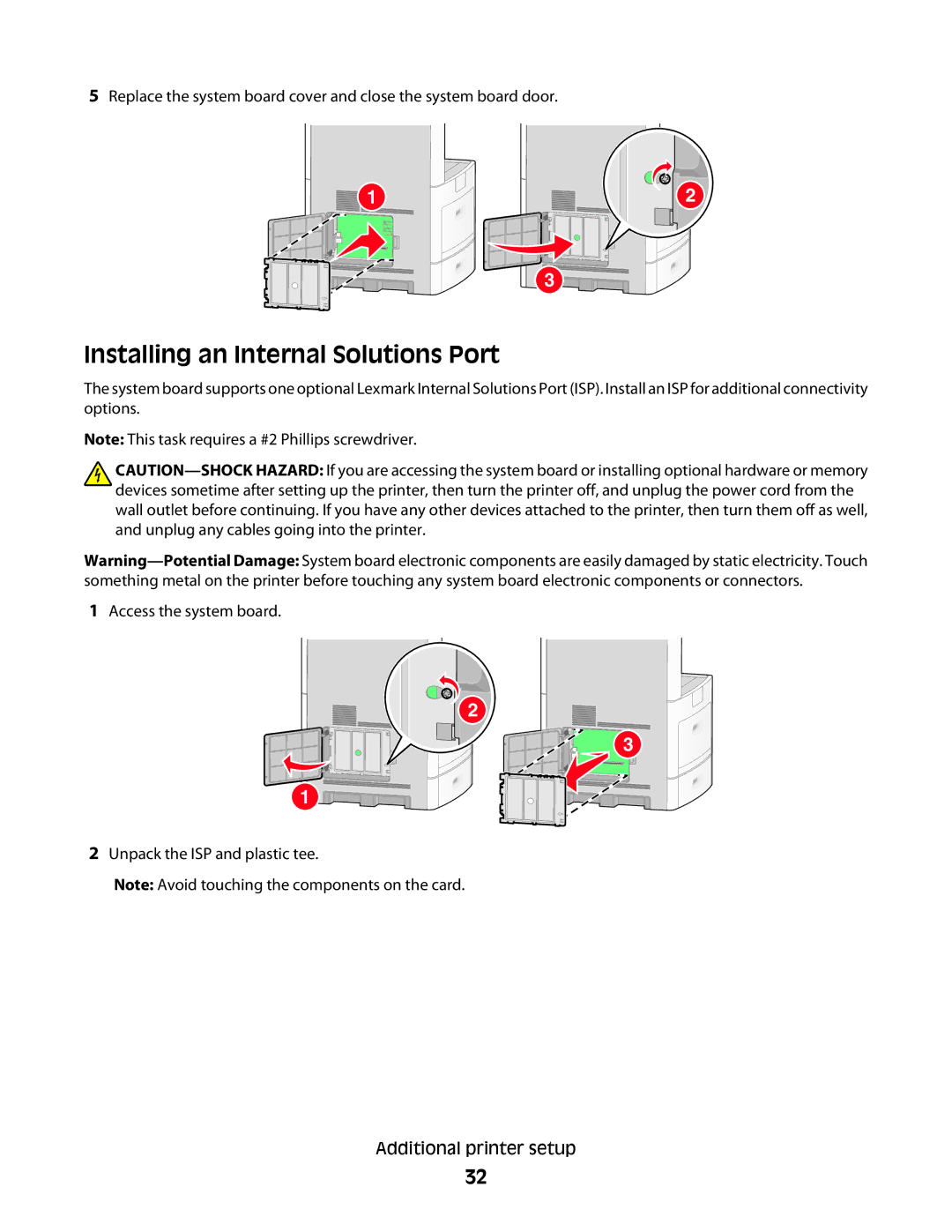 Lexmark 16M1784, 16M1994, 16M1985, 90T7250, X658dtfe, X658dtme, X658dfe, X658dme, X656de Installing an Internal Solutions Port 