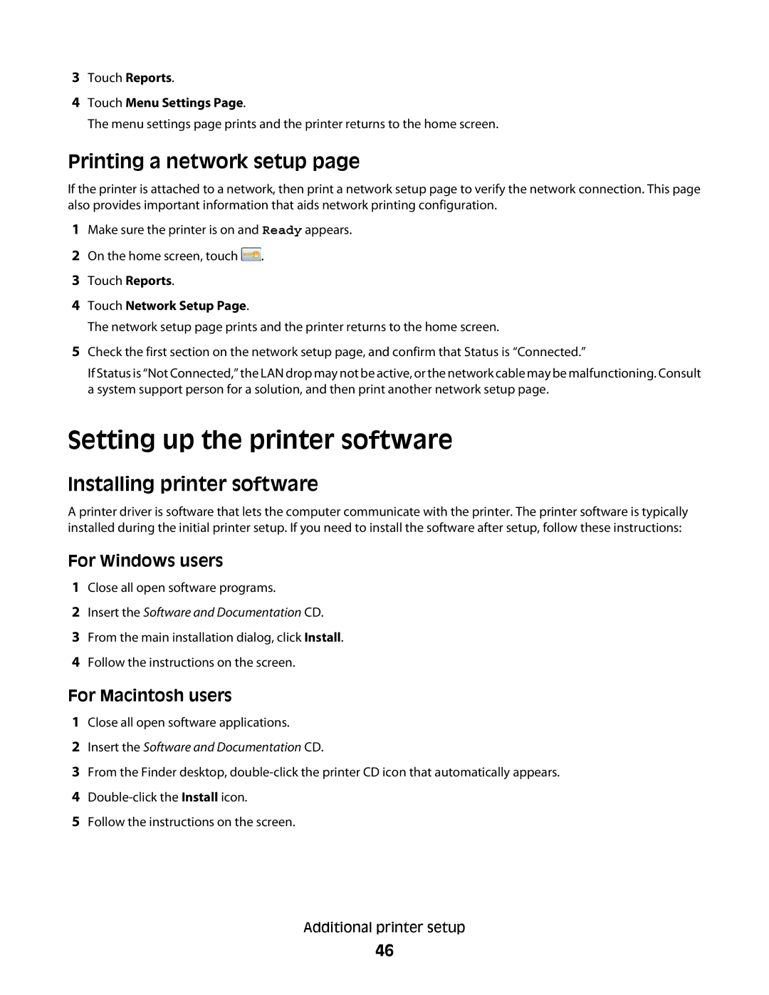 Lexmark X656dte Setting up the printer software, Printing a network setup, Installing printer software, For Windows users 