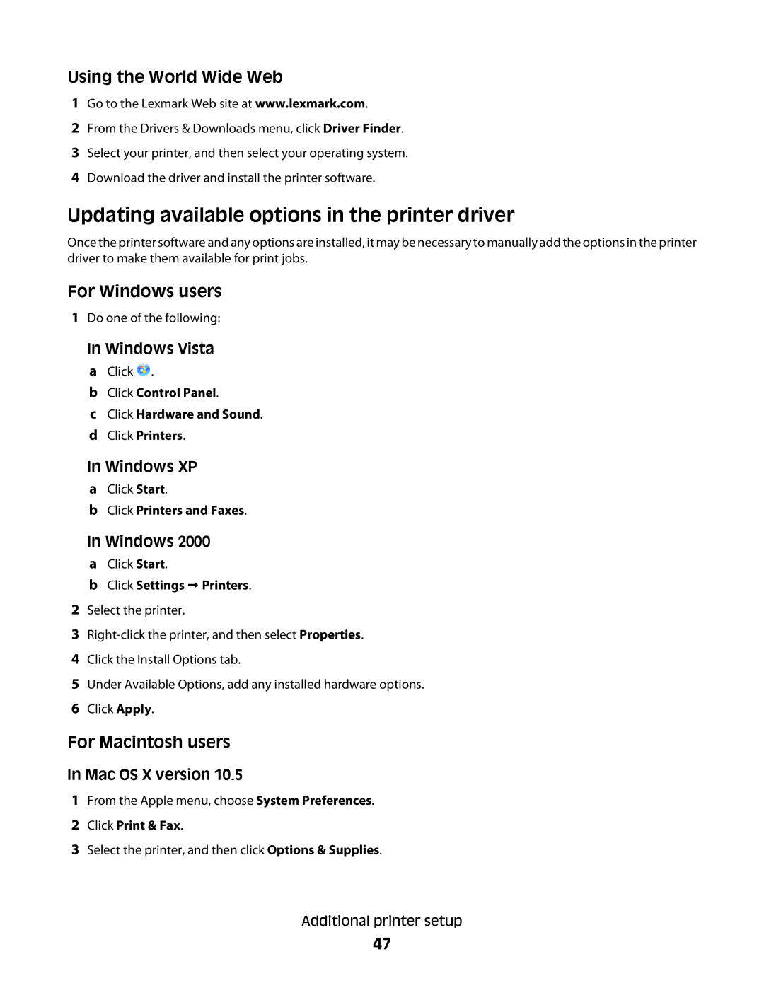 Lexmark X656de, X658d Updating available options in the printer driver, Using the World Wide Web, Click Printers and Faxes 