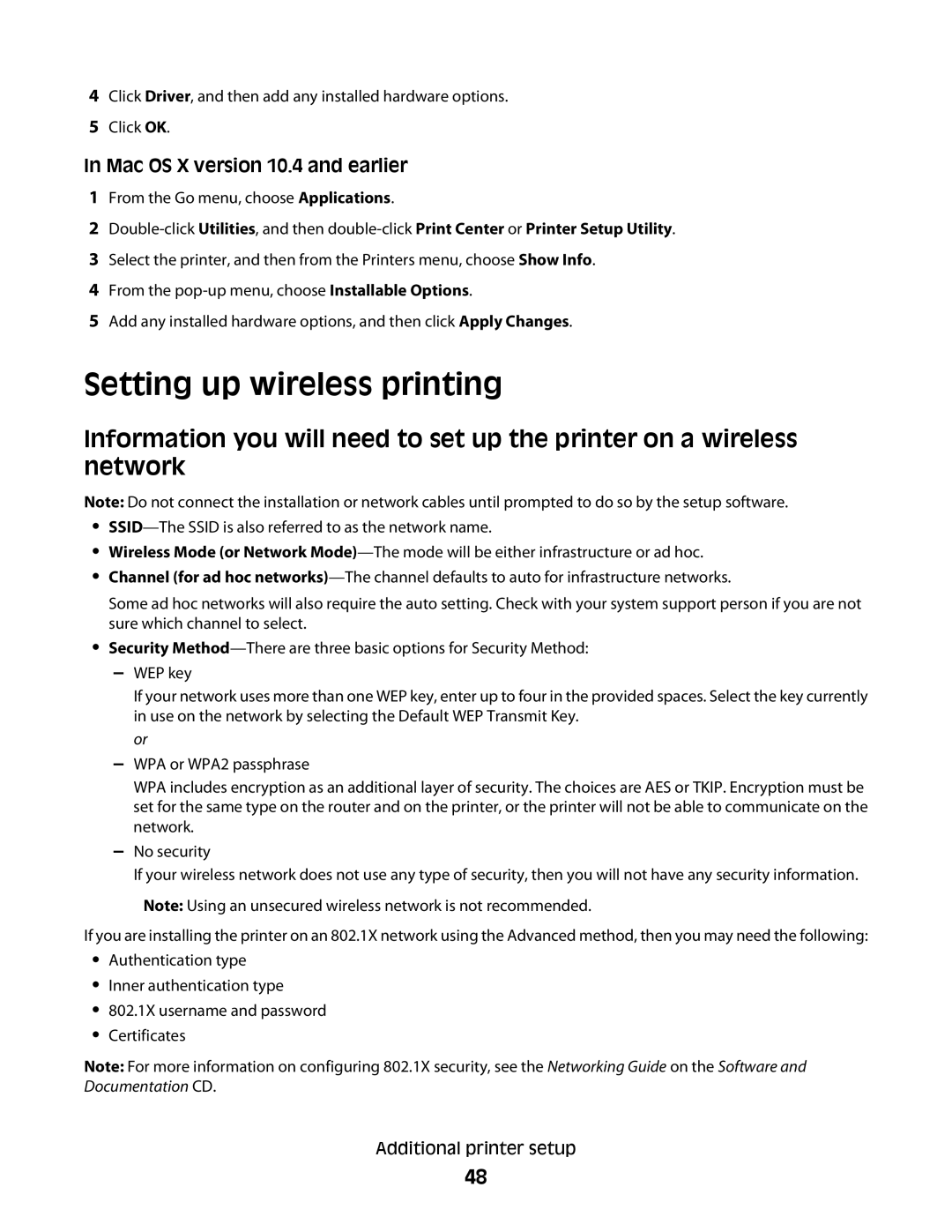 Lexmark X652de, 16M1994, 16M1985, 90T7250, X658dtfe, X656de Setting up wireless printing, Mac OS X version 10.4 and earlier 