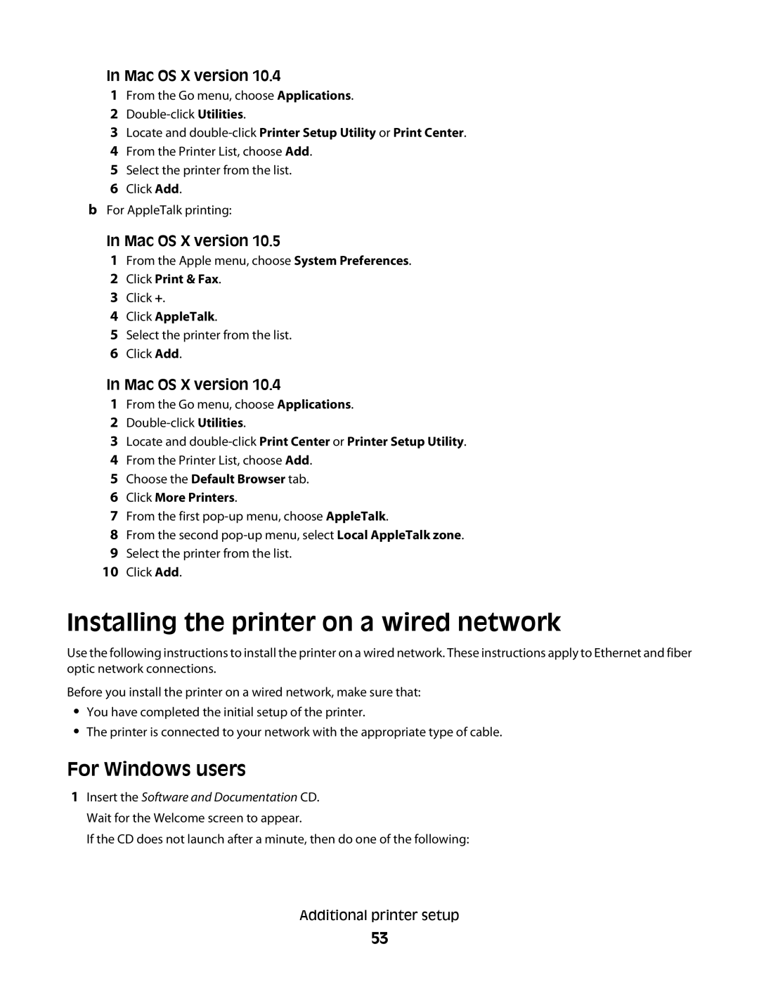 Lexmark 16M1260, 16M1994, 16M1985, 90T7250 Installing the printer on a wired network, For Windows users, Click AppleTalk 