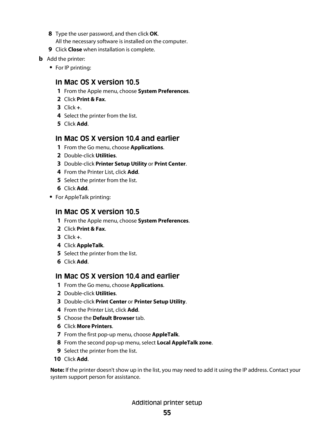 Lexmark 16M1305, 16M1994, 16M1985 Mac OS X version 10.4 and earlier, Double-clickPrint Center or Printer Setup Utility 