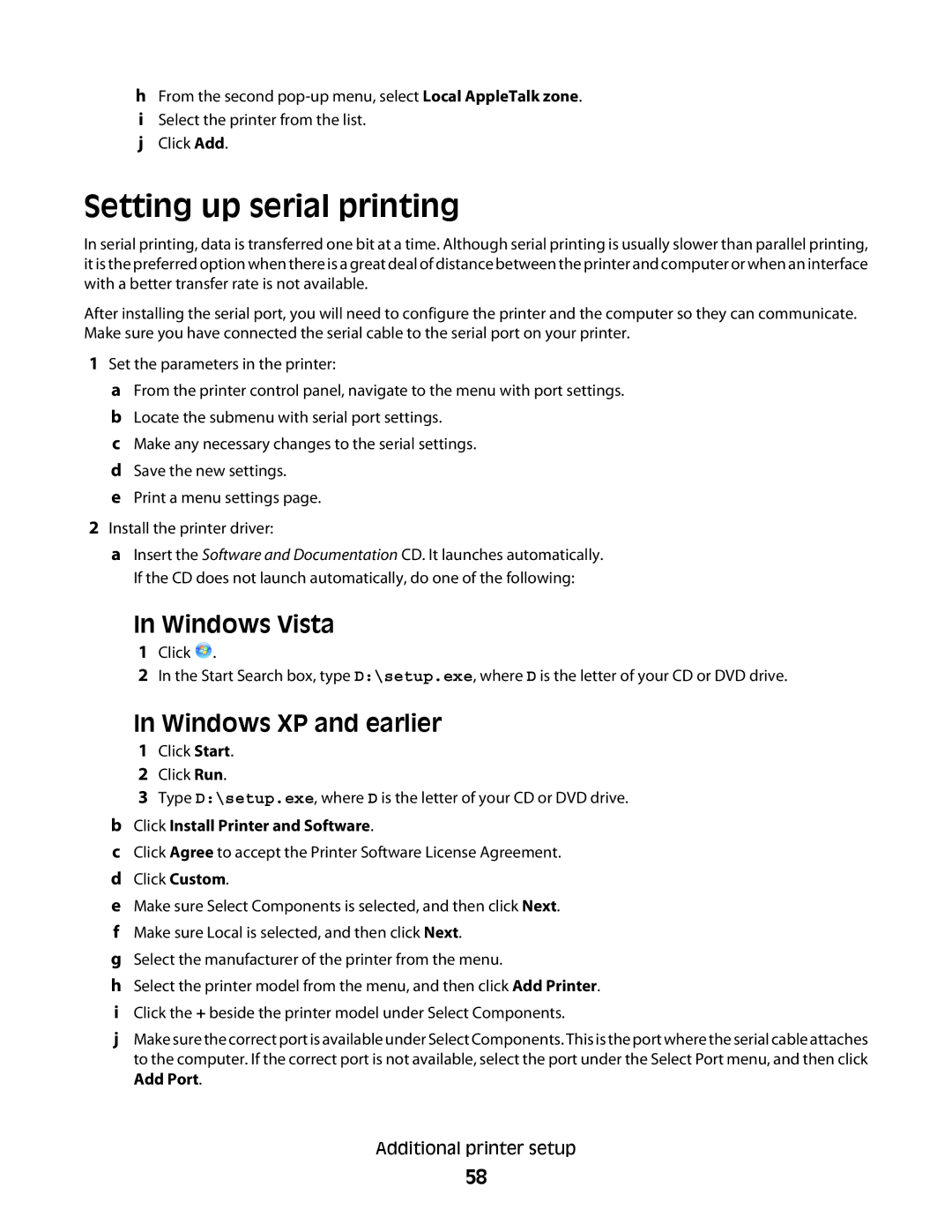 Lexmark 16M1985, 16M1994, 90T7250, X658dtfe, X658dtme Setting up serial printing, Windows Vista, Windows XP and earlier 