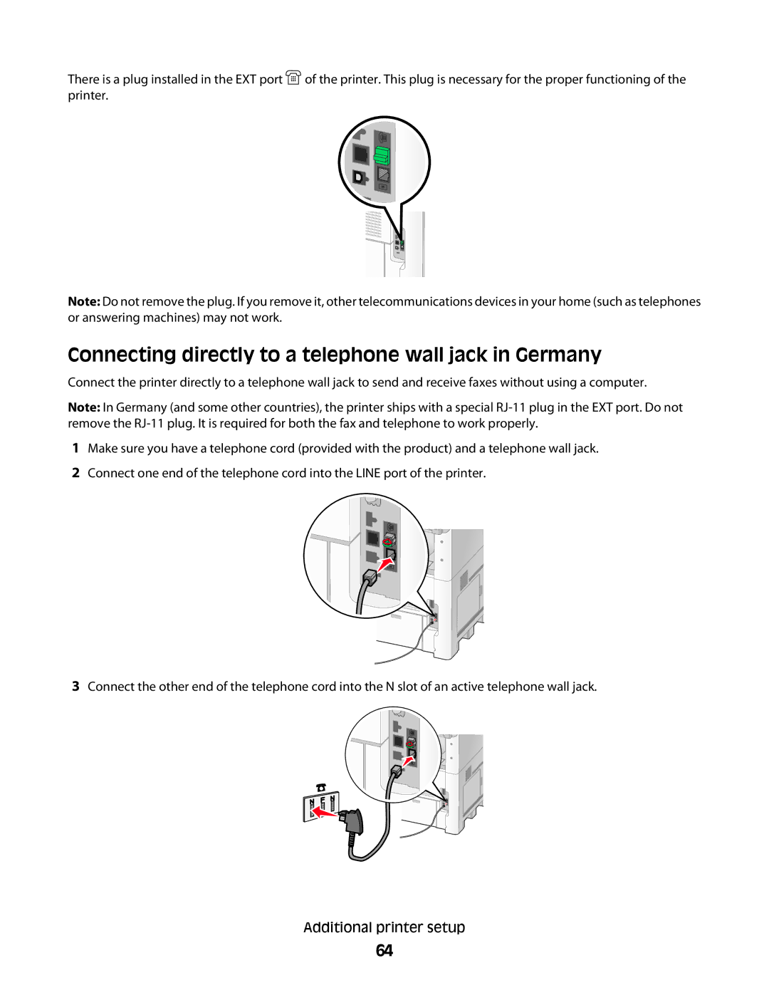 Lexmark X658dme, 16M1994, 16M1985, 90T7250, X658dtfe, X658dtme, X658dfe Connecting directly to a telephone wall jack in Germany 